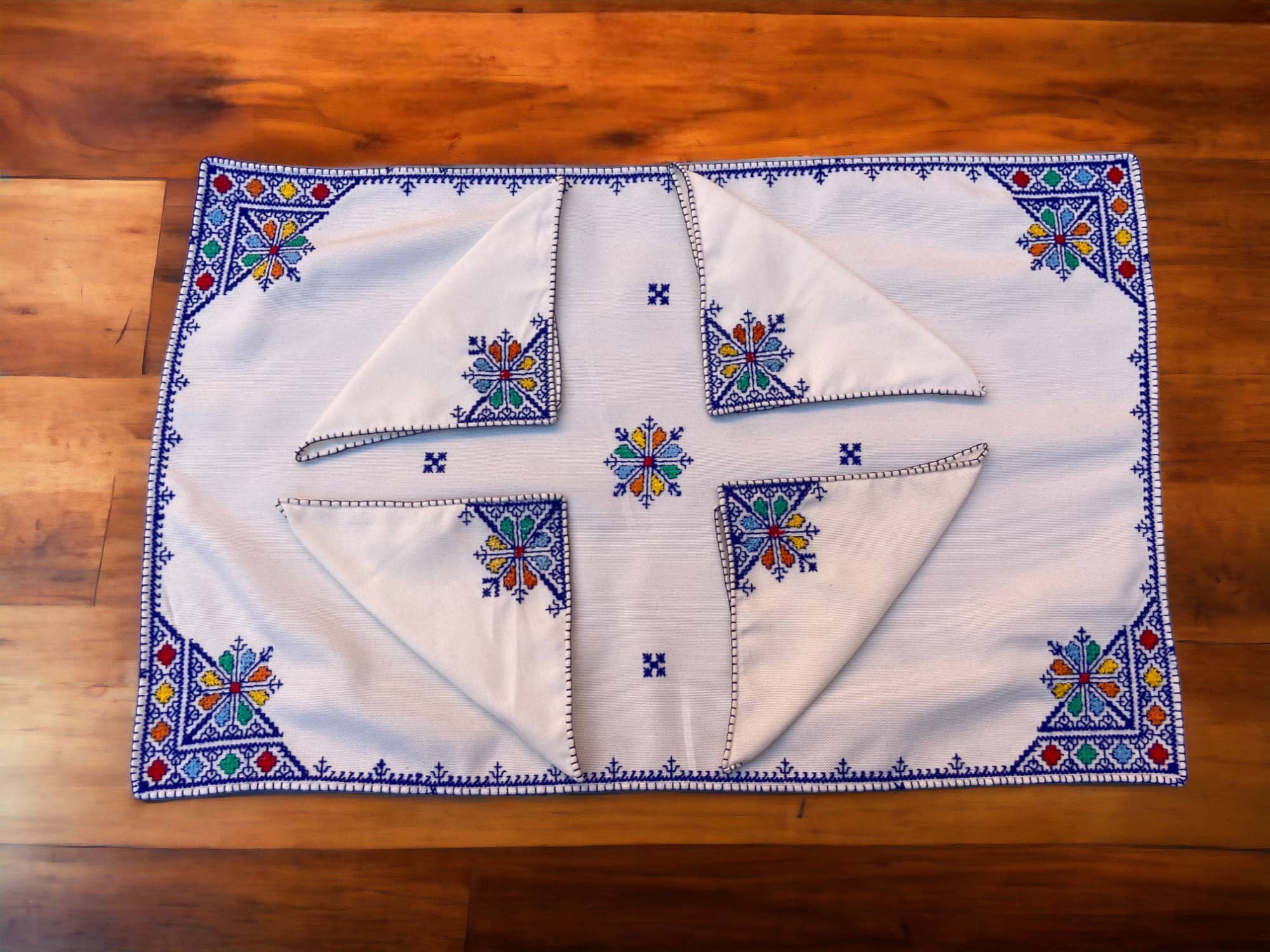 Embroidered Tray Cover & Napkins, Authentic Moroccan Hand embroidered linen Tray cloth + 6 napkins, Tray Cover, heartwarming gift.-3