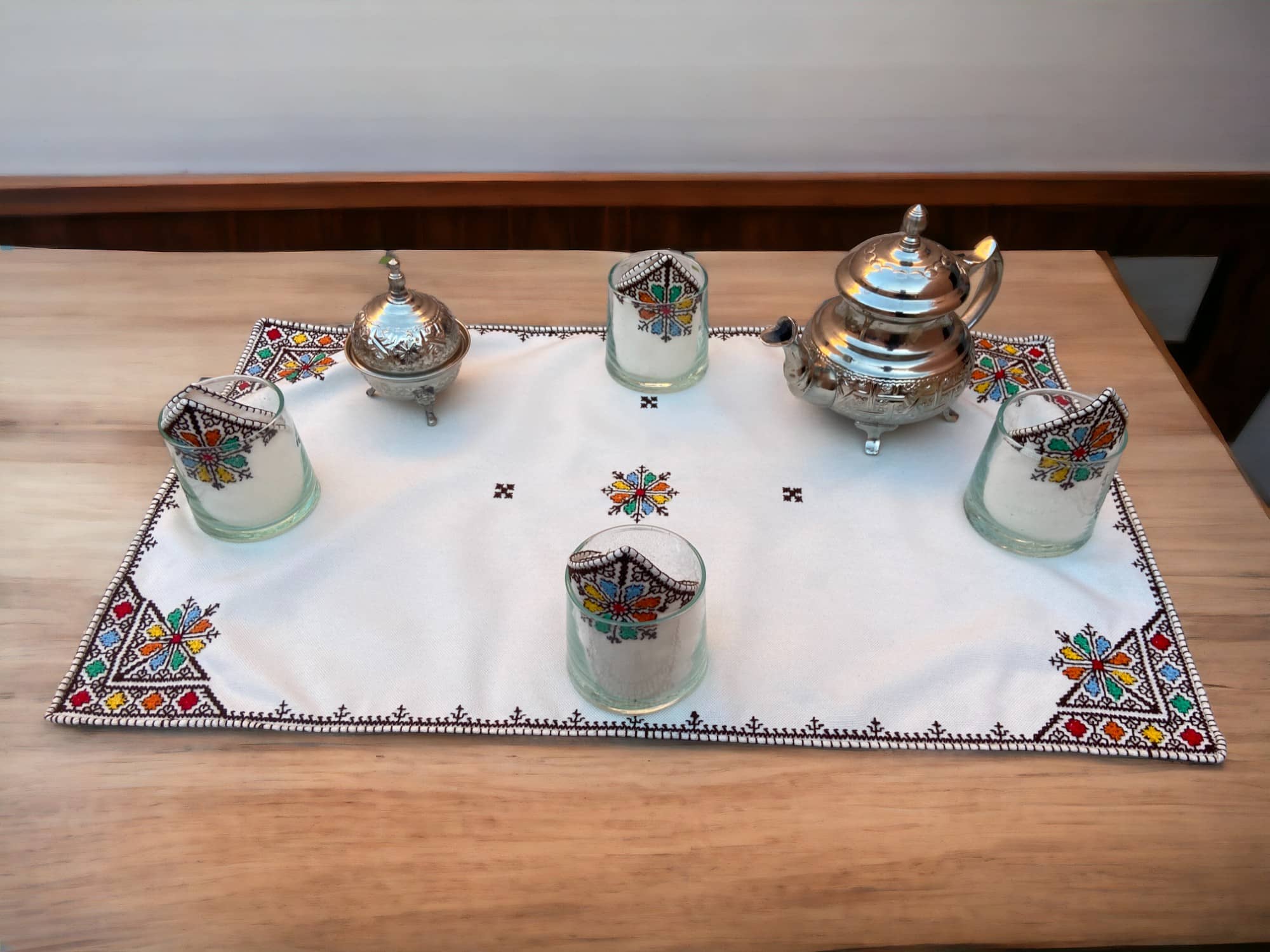 Embroidered Tray Cover & Napkins, Authentic Moroccan Hand embroidered linen Tray cloth + 6 napkins, Colorful Tray Cover, heartwarming gift.-1