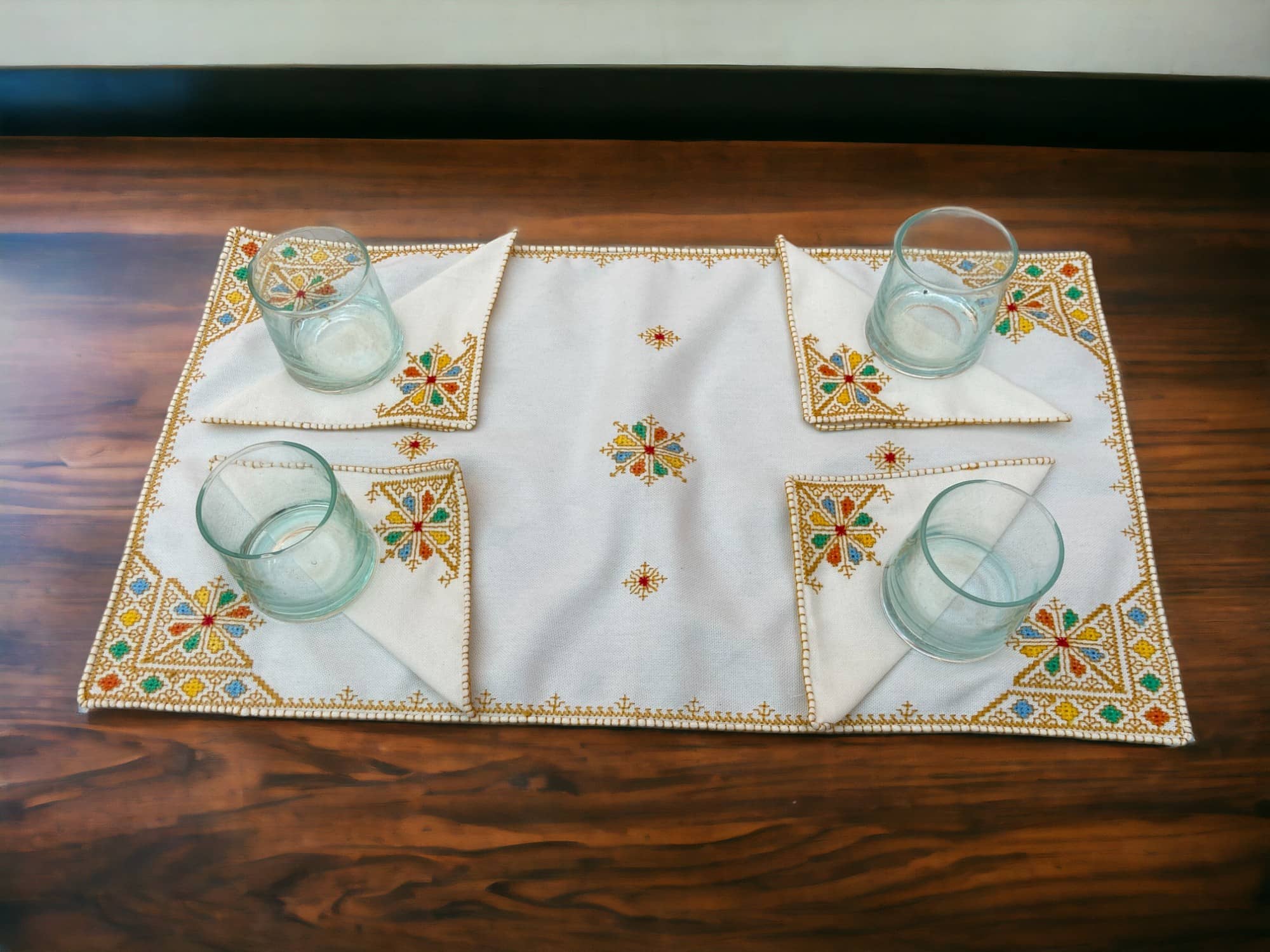 Embroidered Tray Cover & Napkins, Authentic Moroccan Hand embroidered linen Tray cloth + 6 napkins, Orange Tray Cover, heartwarming gift.-3