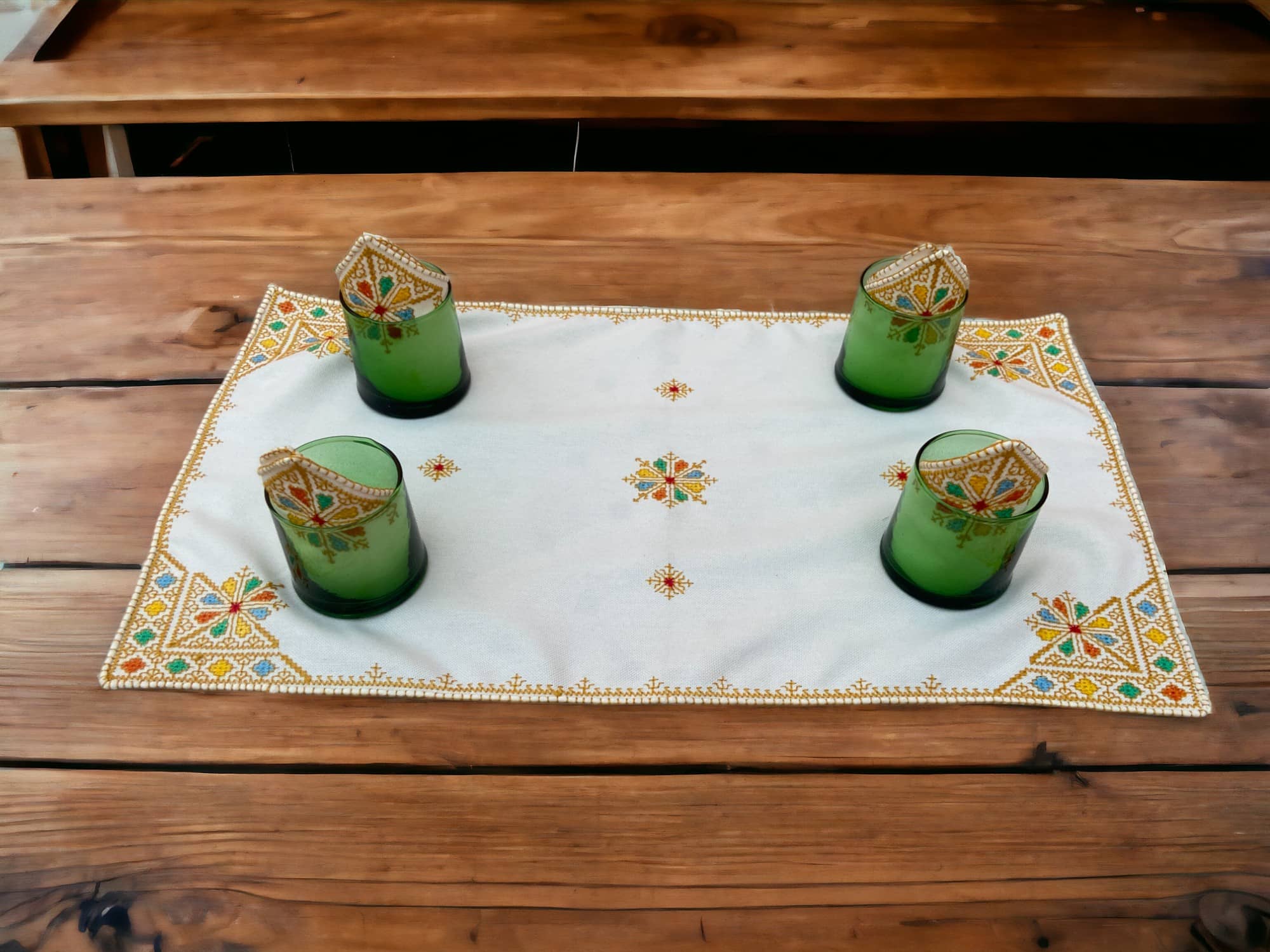 Embroidered Tray Cover & Napkins, Authentic Moroccan Hand embroidered linen Tray cloth + 6 napkins, Orange Tray Cover, heartwarming gift.-2