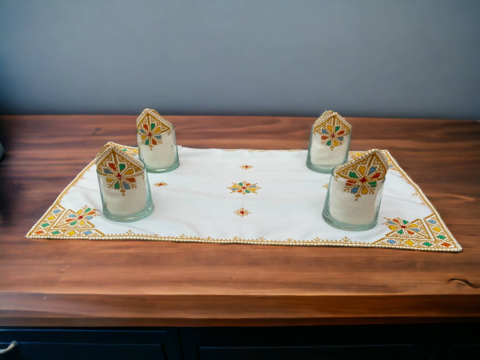 Embroidered Tray Cover & Napkins, Authentic Moroccan Hand embroidered linen Tray cloth + 6 napkins, Orange Tray Cover, heartwarming gift.-1