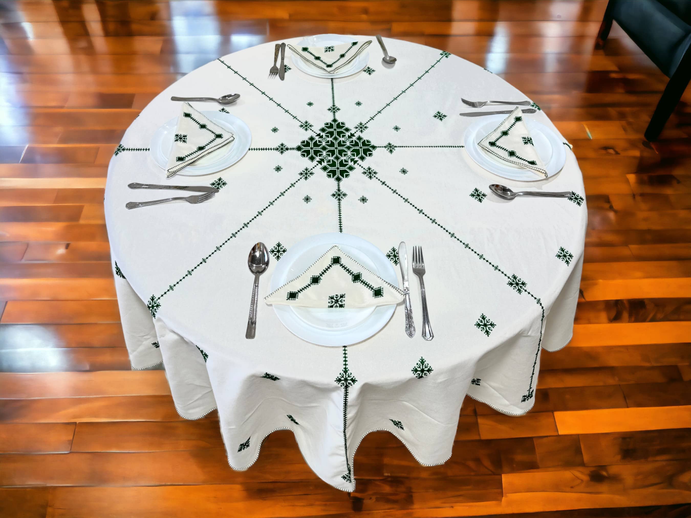 Green Hand Embroidered Table cloth and napkins, a magnificent decoration to add a Moroccan touch to your home.-0