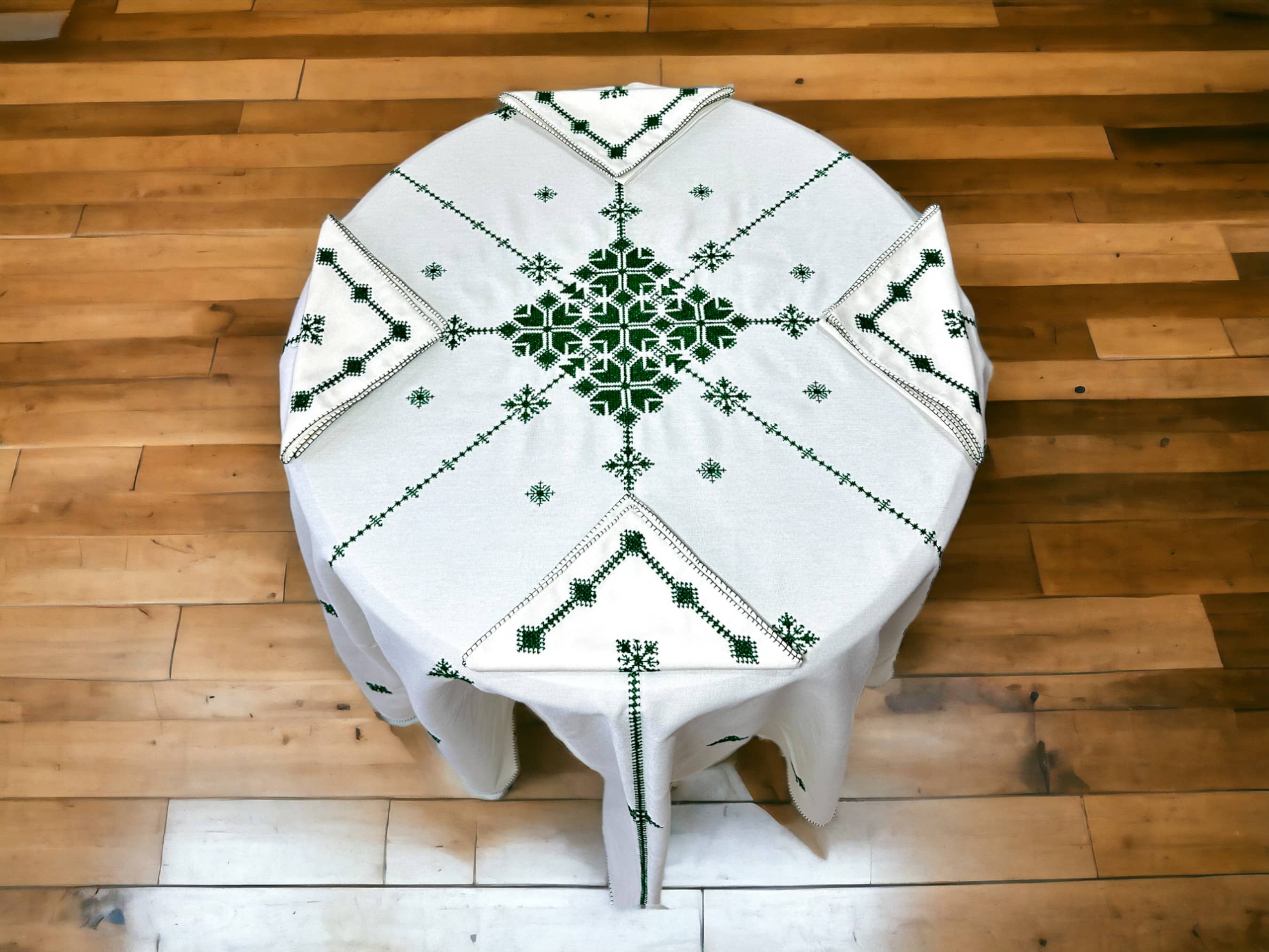 Green Hand Embroidered Table cloth and napkins, a magnificent decoration to add a Moroccan touch to your home.-3