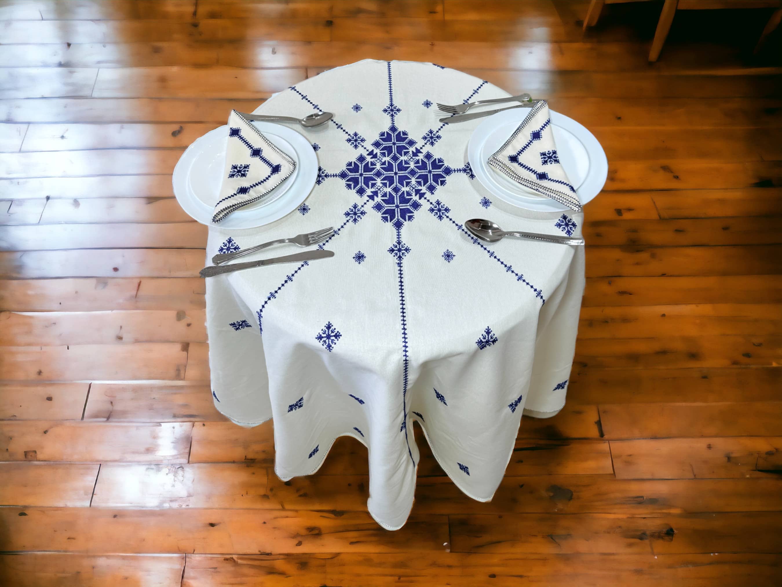 Royal blue Hand Embroidered Table cloth and napkins, a magnificent decoration to add a Moroccan touch to your home.-3