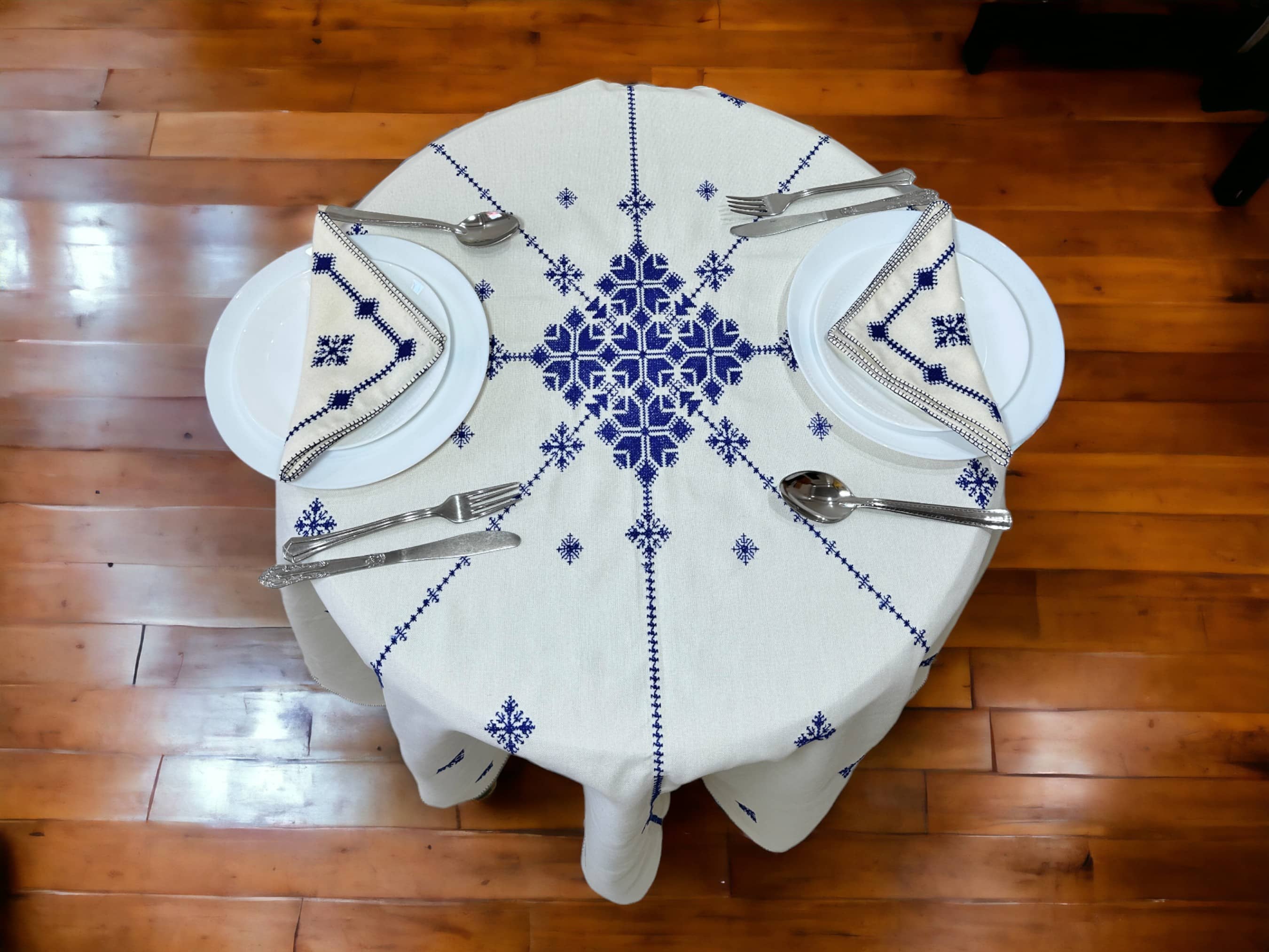 Royal blue Hand Embroidered Table cloth and napkins, a magnificent decoration to add a Moroccan touch to your home.-1