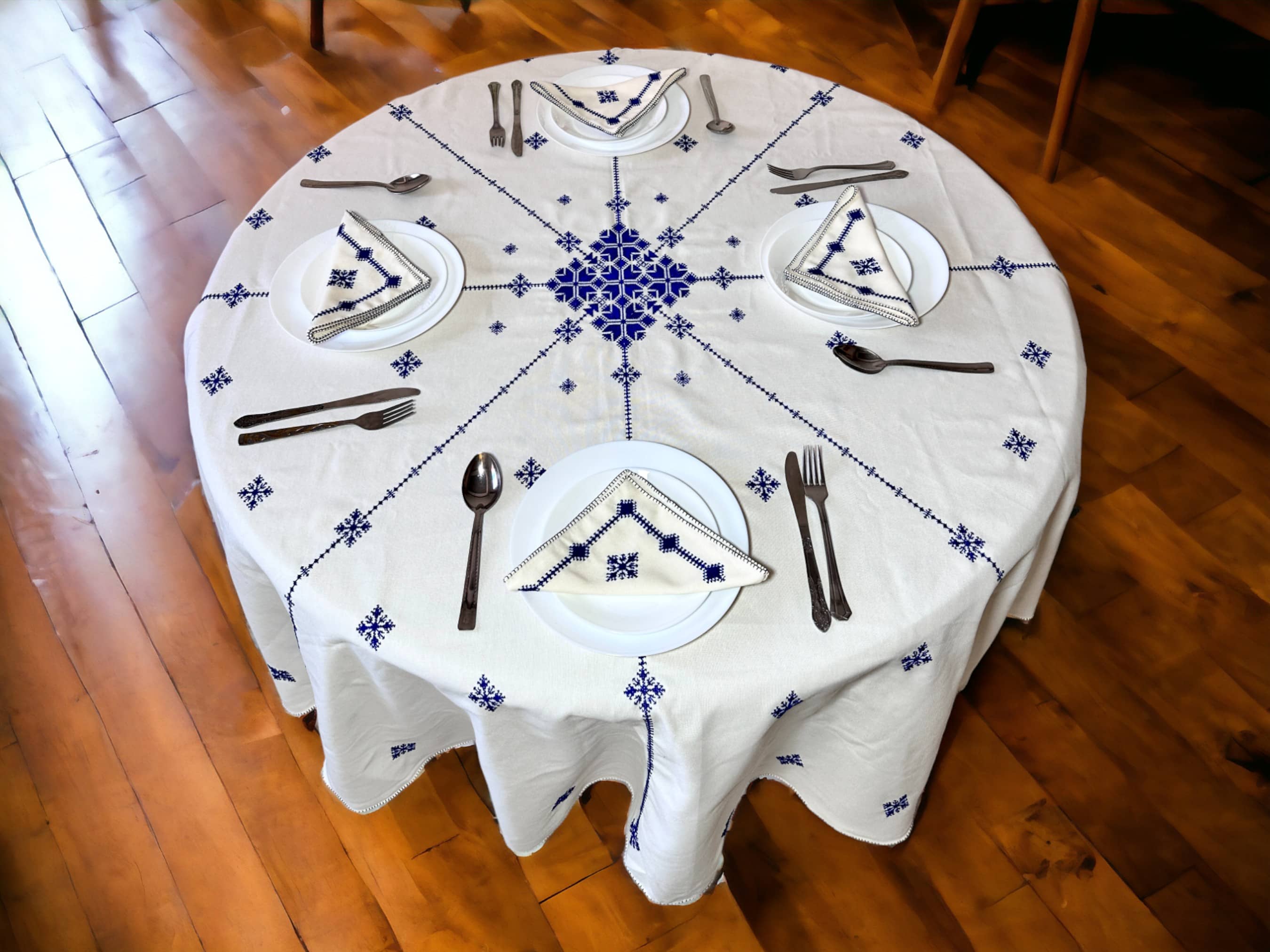 Royal blue Hand Embroidered Table cloth and napkins, a magnificent decoration to add a Moroccan touch to your home.-0