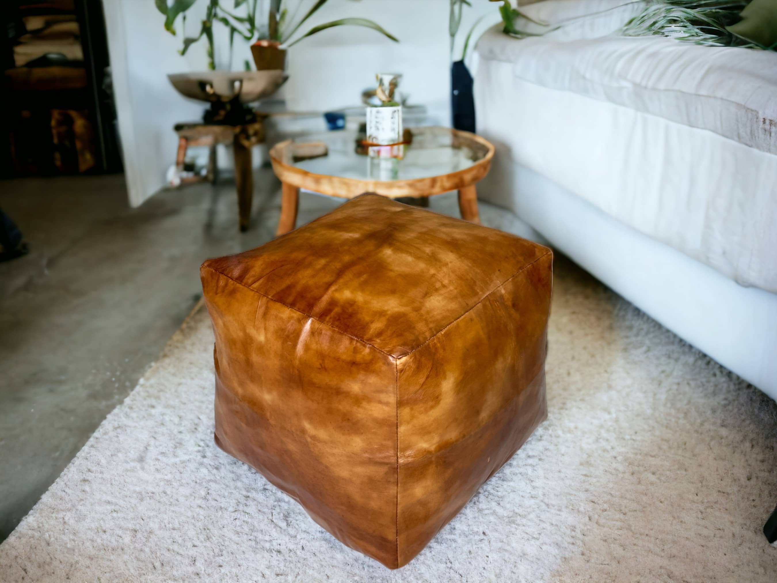 Simple Tabacco Square Moroccan Pouf: A Handcrafted Oasis of Comfort and Style-2