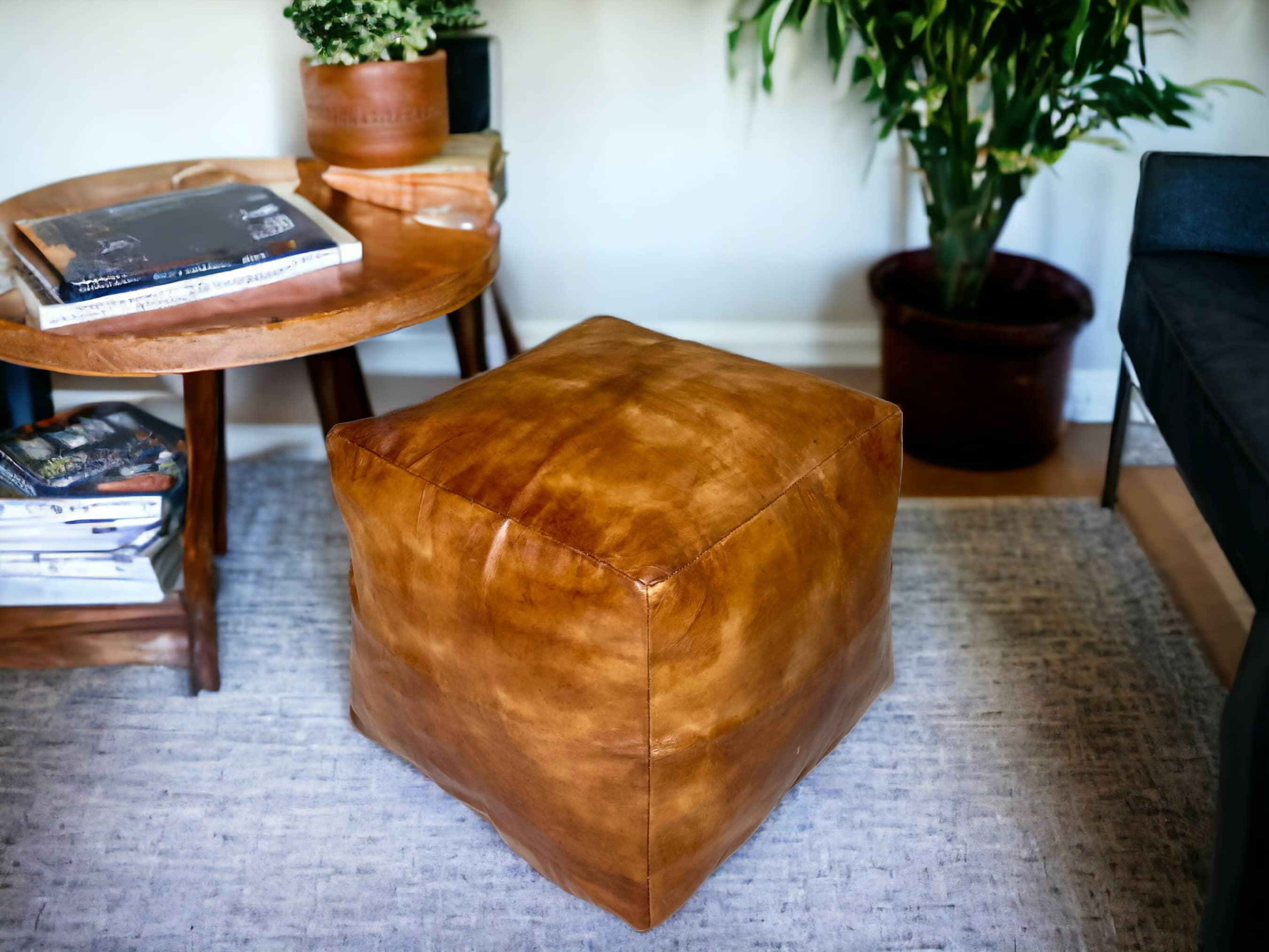 Simple Tabacco Square Moroccan Pouf: A Handcrafted Oasis of Comfort and Style-1