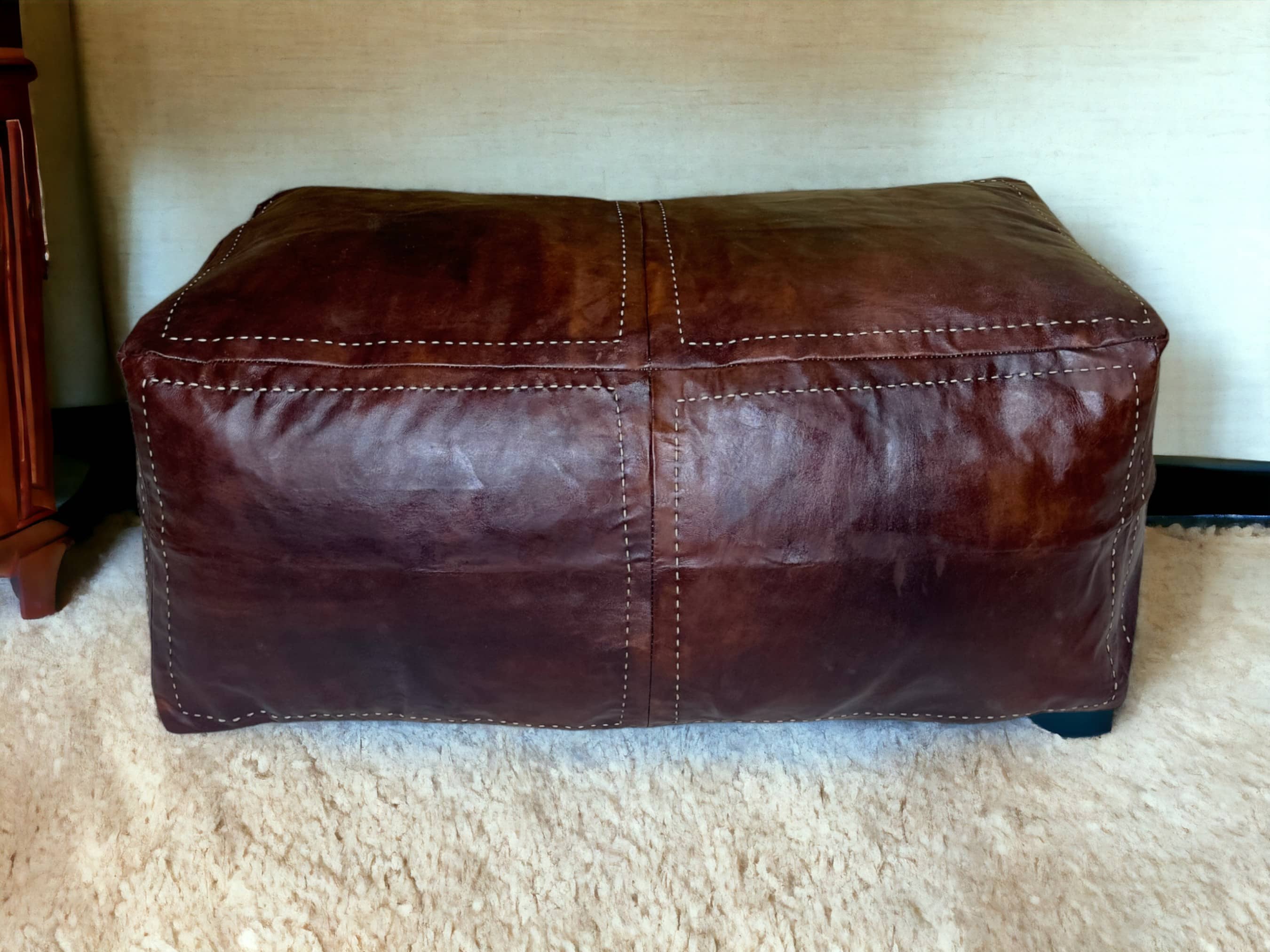 Moroccan Brown Leather Two-Seat Pouf: Handcrafted Comfort for Your Home-1