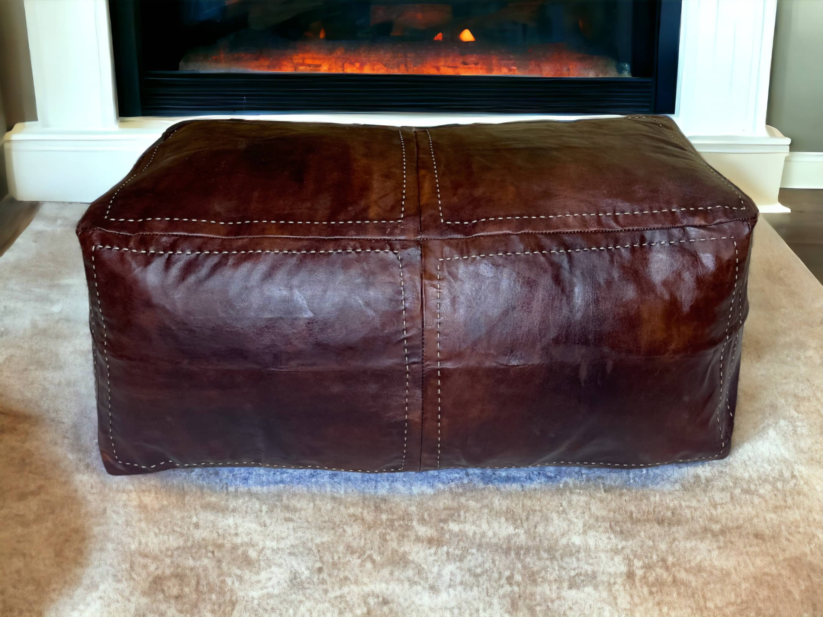 Moroccan Brown Leather Two-Seat Pouf: Handcrafted Comfort for Your Home-0