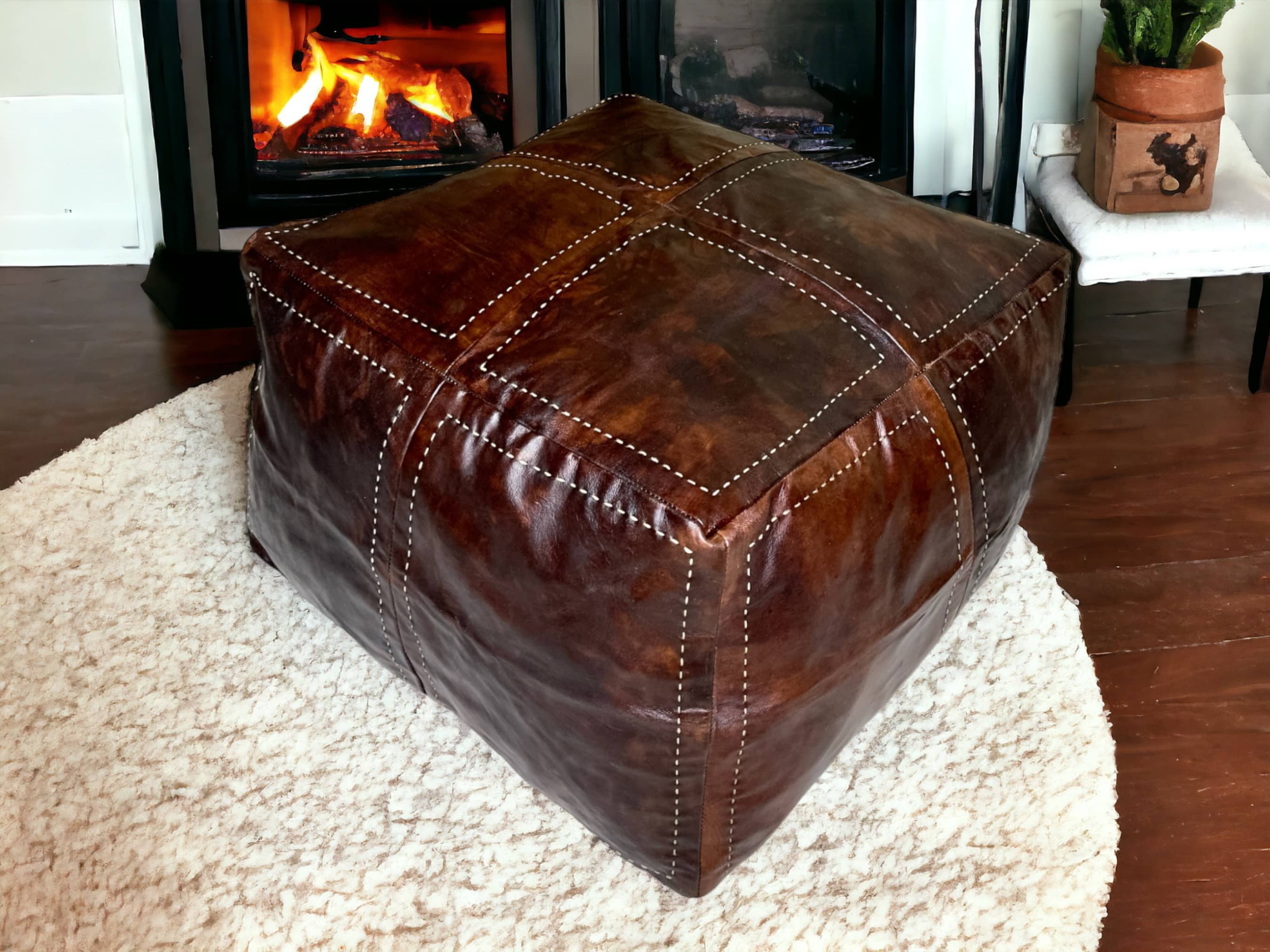 Enrich Your Living Space with Our Sumptuous  Brown Square Leather Pouf:  A Touch of Moroccan Elegance-0