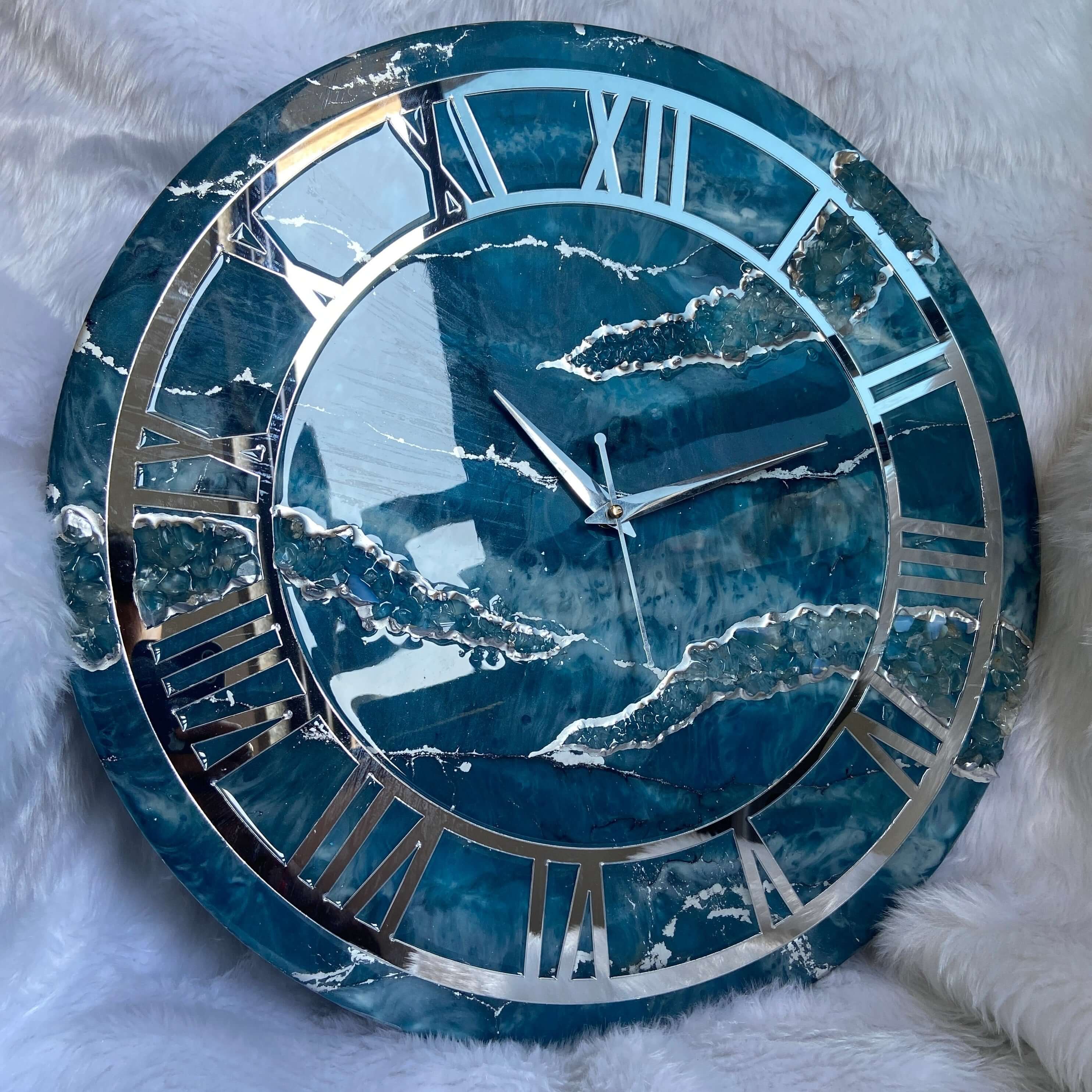 Teal Blue Geode Abstract Epoxy Resin Wall Clock For Home Decor-1