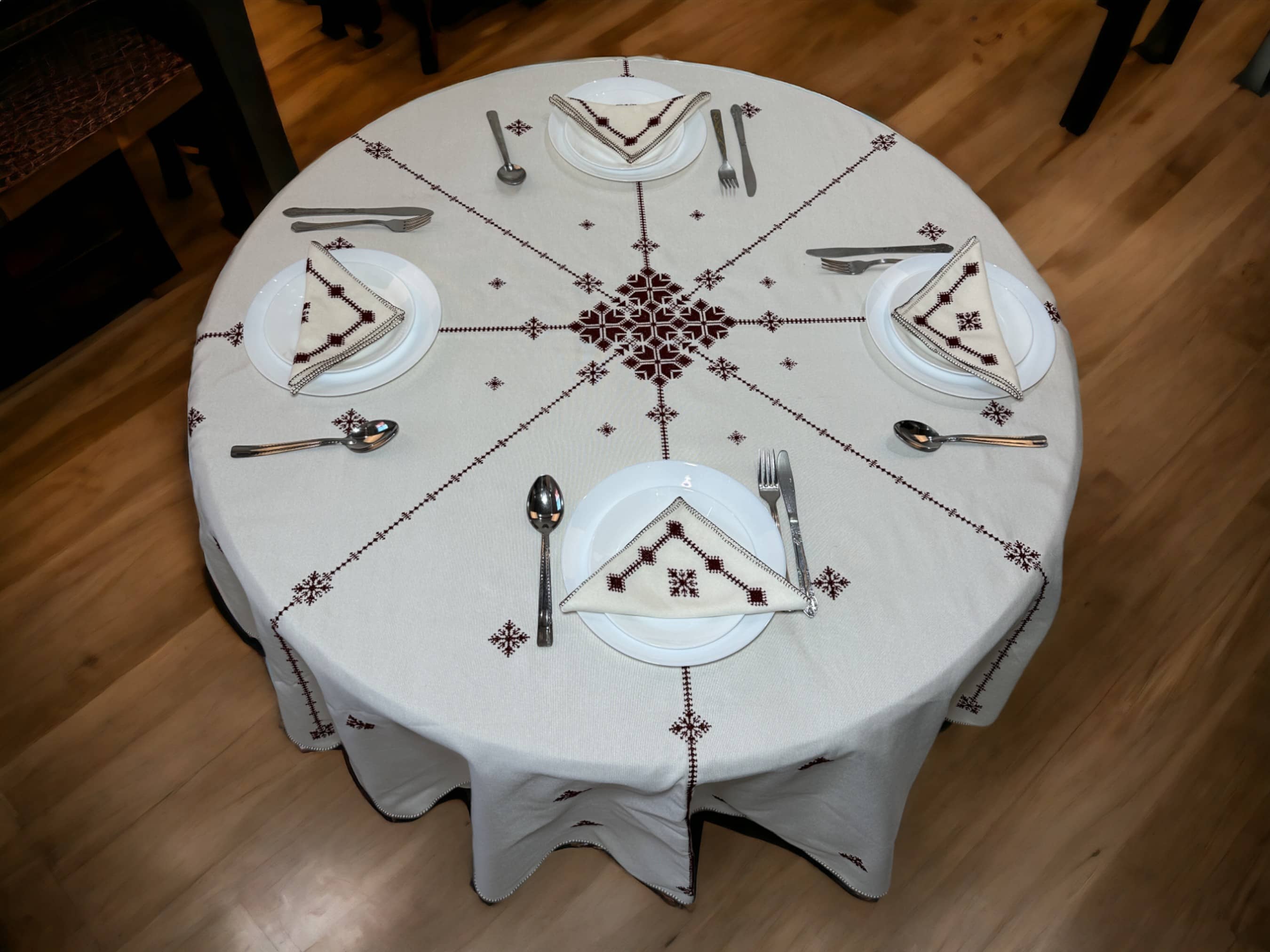 Burgundy Hand Embroidered Table cloth and napkins, a magnificent decoration to add a Moroccan touch to your home.-0