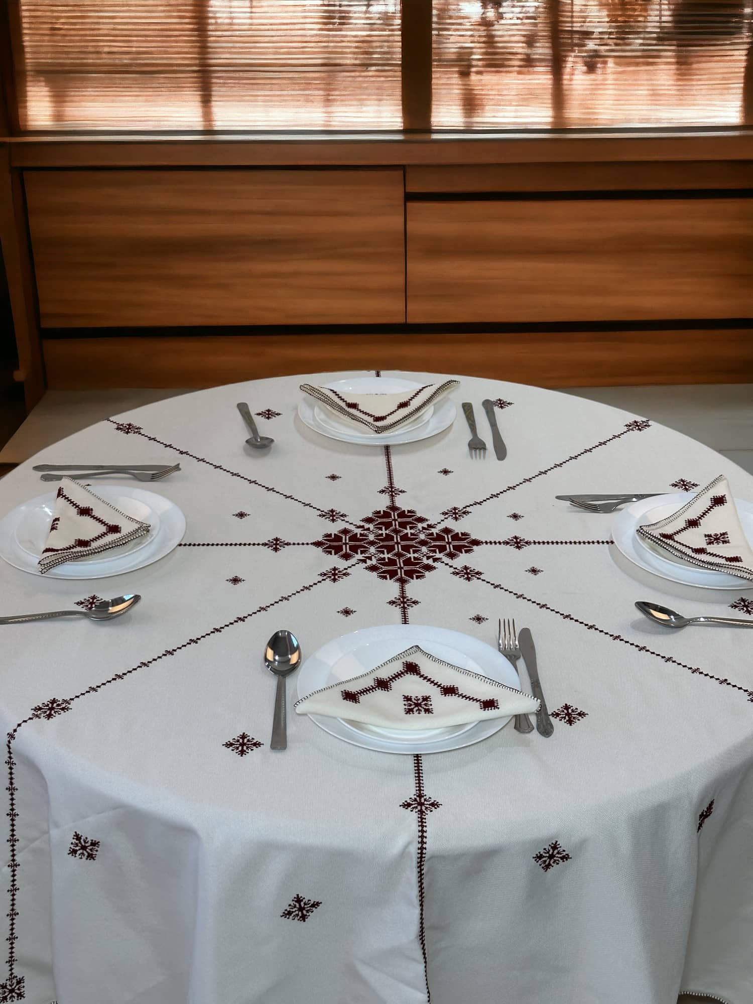 Burgundy Hand Embroidered Table cloth and napkins, a magnificent decoration to add a Moroccan touch to your home.-1