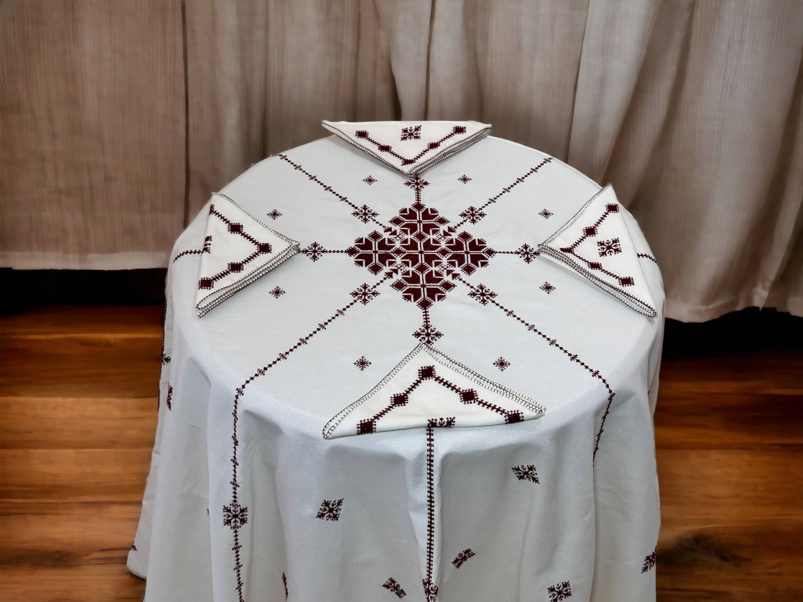 Burgundy Hand Embroidered Table cloth and napkins, a magnificent decoration to add a Moroccan touch to your home.-4