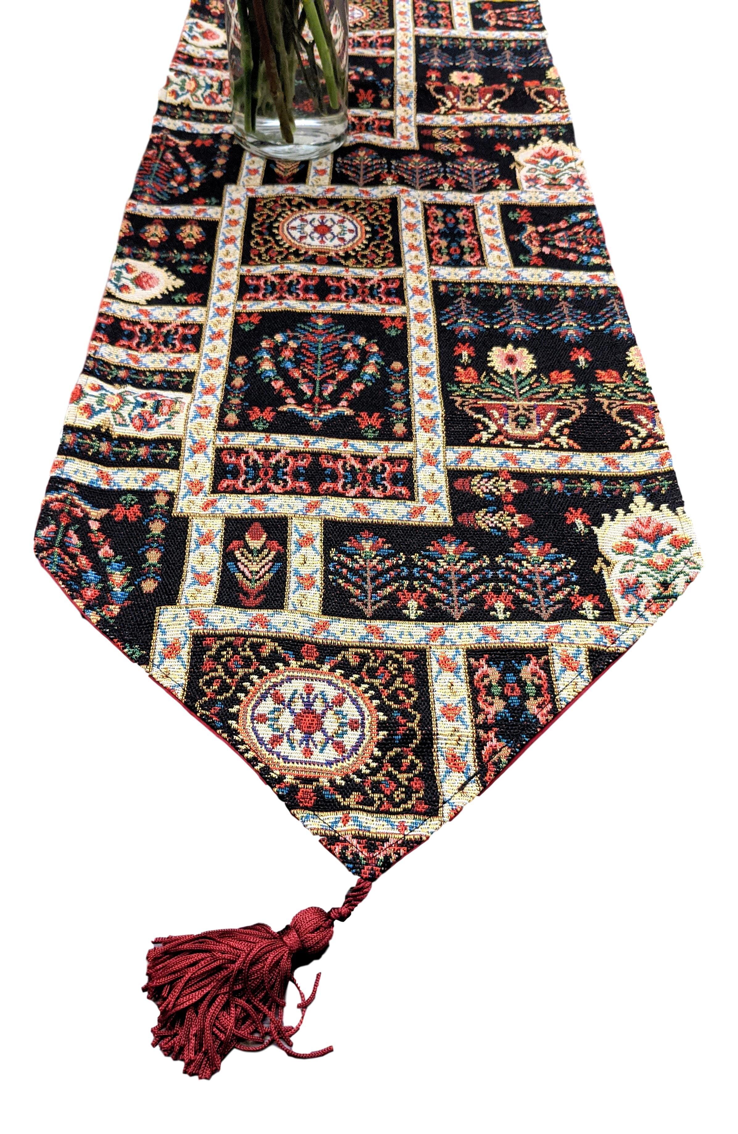 DaDalogy Bedding Elegant Woven Mughal Floral Tapestry Table Runner, Dark Noir Botanical Vintage Fleur (18197)
