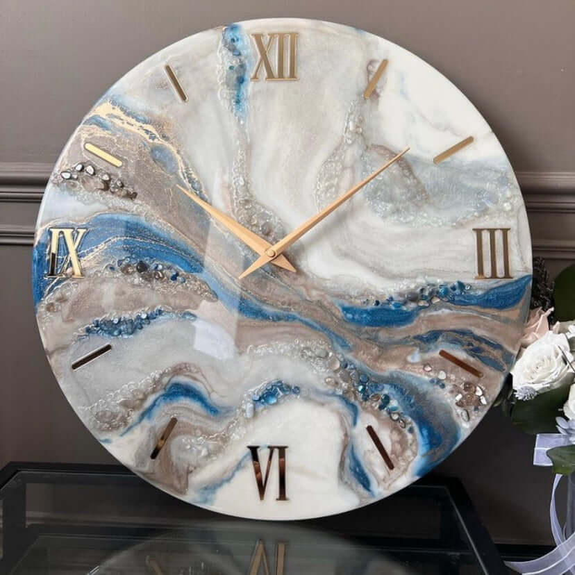 Blue White and Golden Abstract Epoxy Resin Wall Clock For Home Decor-0