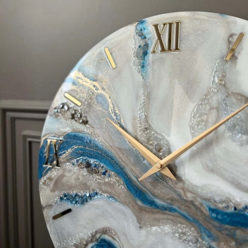 Blue White and Golden Abstract Epoxy Resin Wall Clock For Home Decor-1