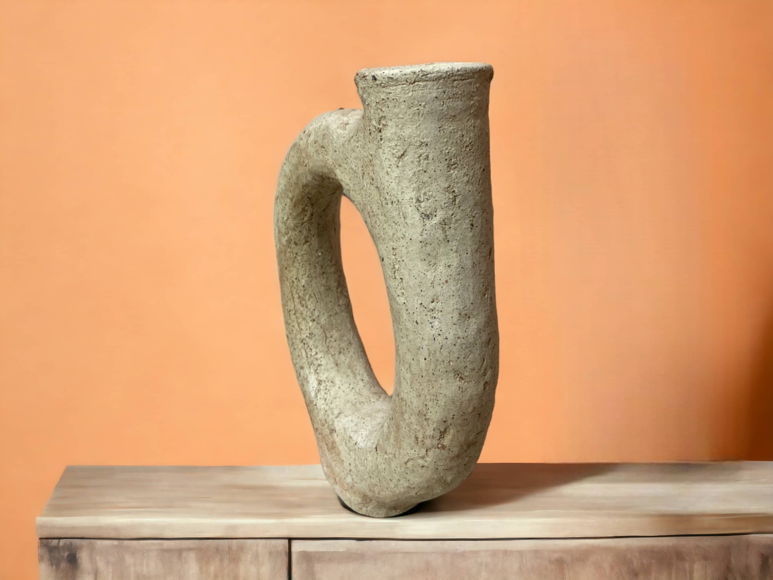 Artisan-Made Tamegroute Abstract Ring Candlestick Sculpture - Natural Finish Moroccan Pottery-3