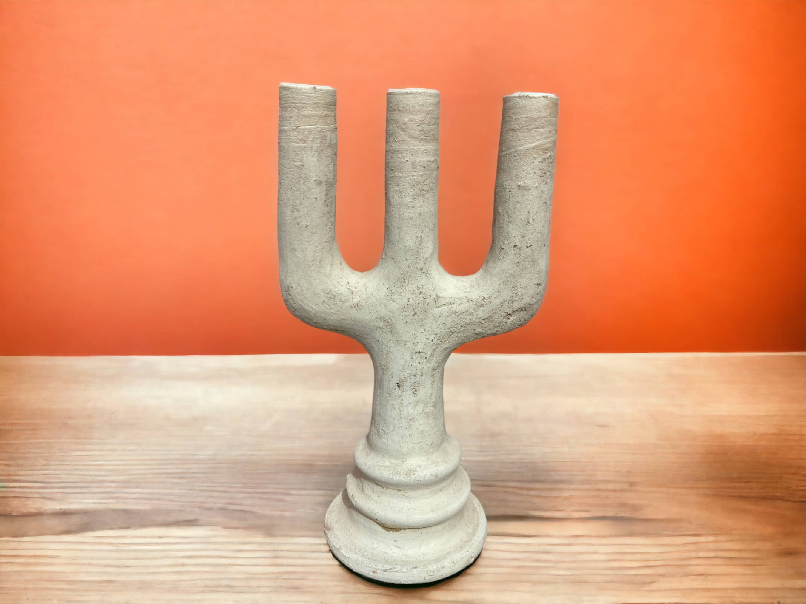 Handcrafted Unglazed Tamegroute Triple Candlestick Holder/Vase - Authentic Moroccan Artisan Pottery-4