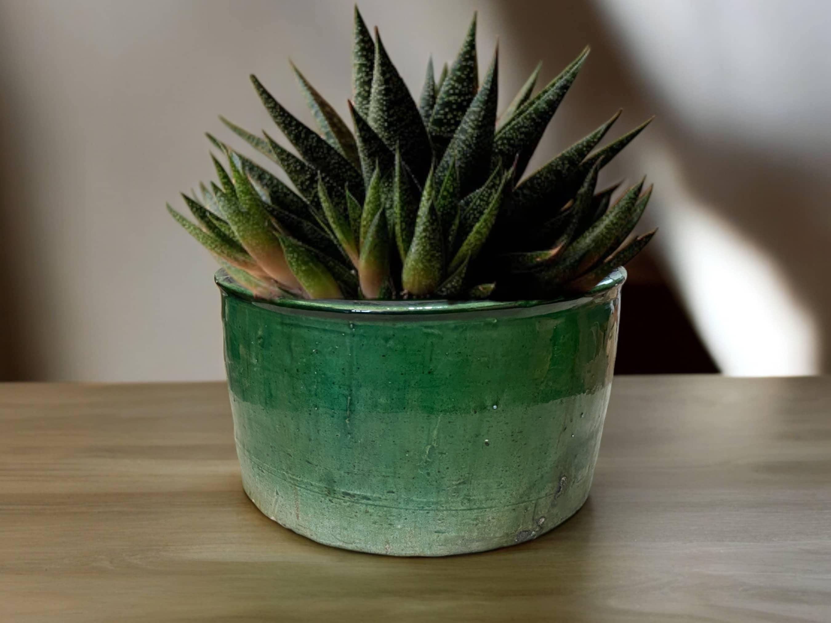 Handmade Moroccan Vintage Shaded Green Glaze Tamegroute Planter/Pot: Unique Ceramic Pottery for Plants-0