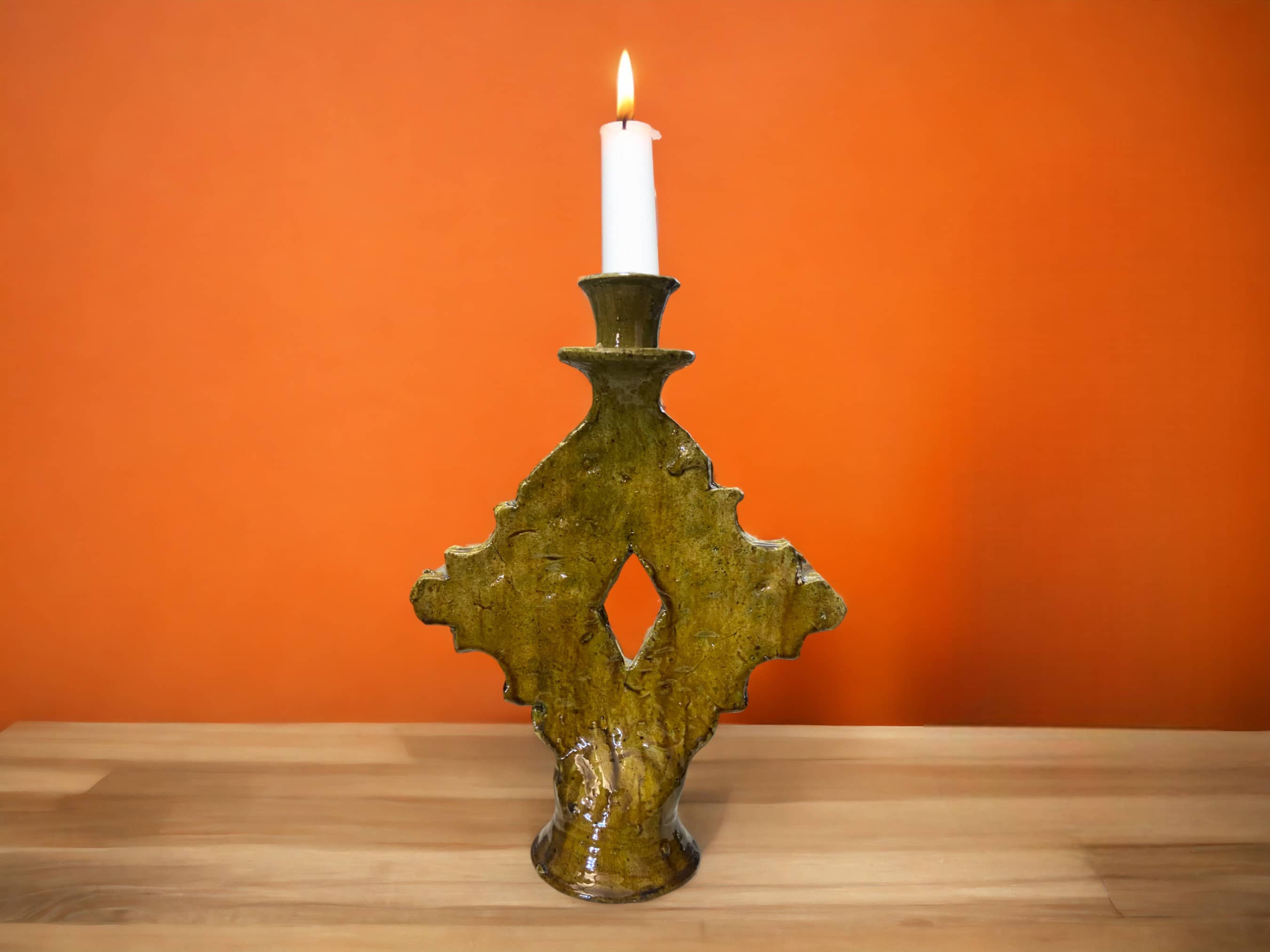 Handmade Tamegroute Ochre Ceramic Candle Holders - Star Design-0