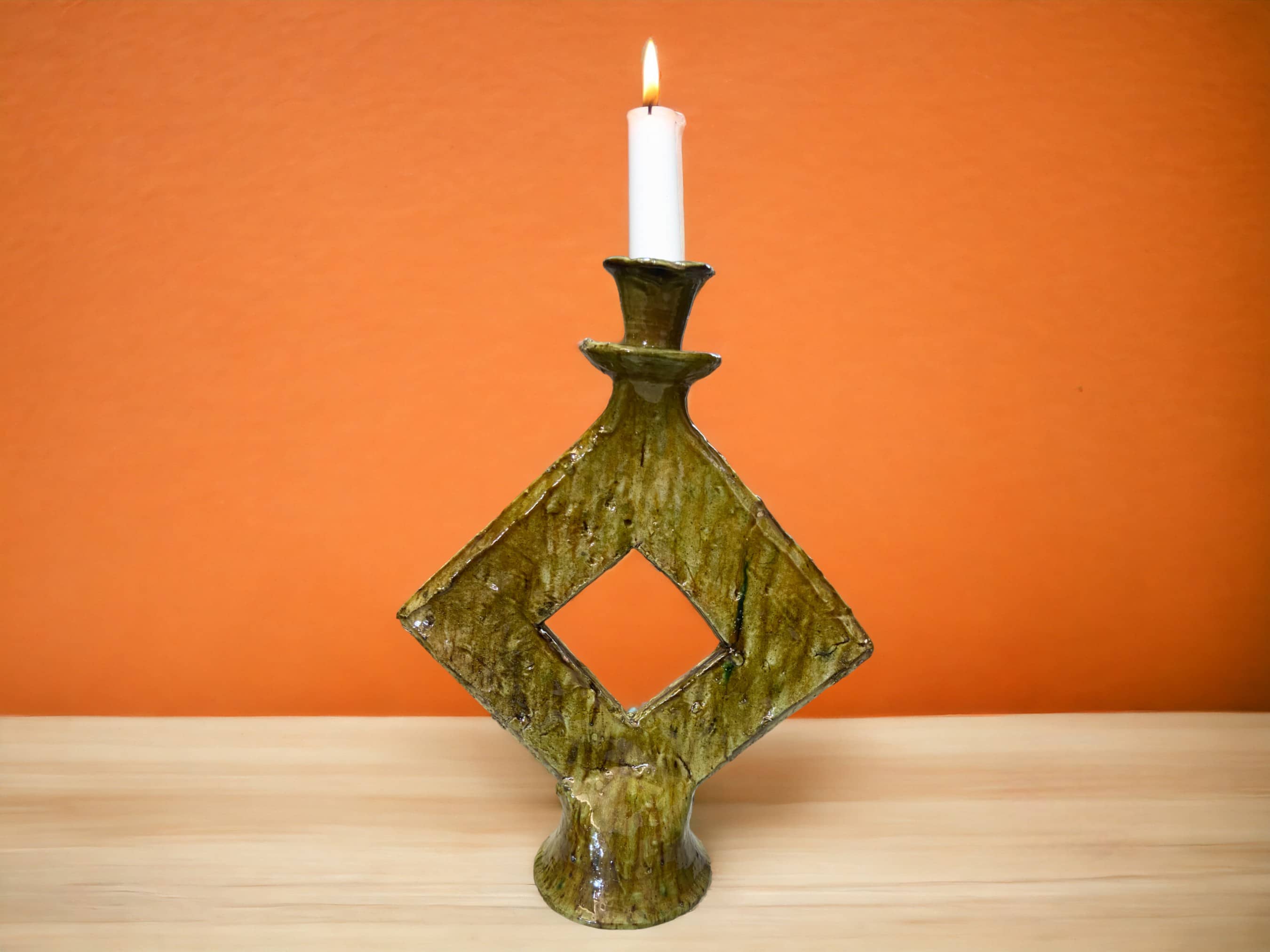 Handmade Tamegroute Ochre Ceramic Candle Holders - Square Design-0