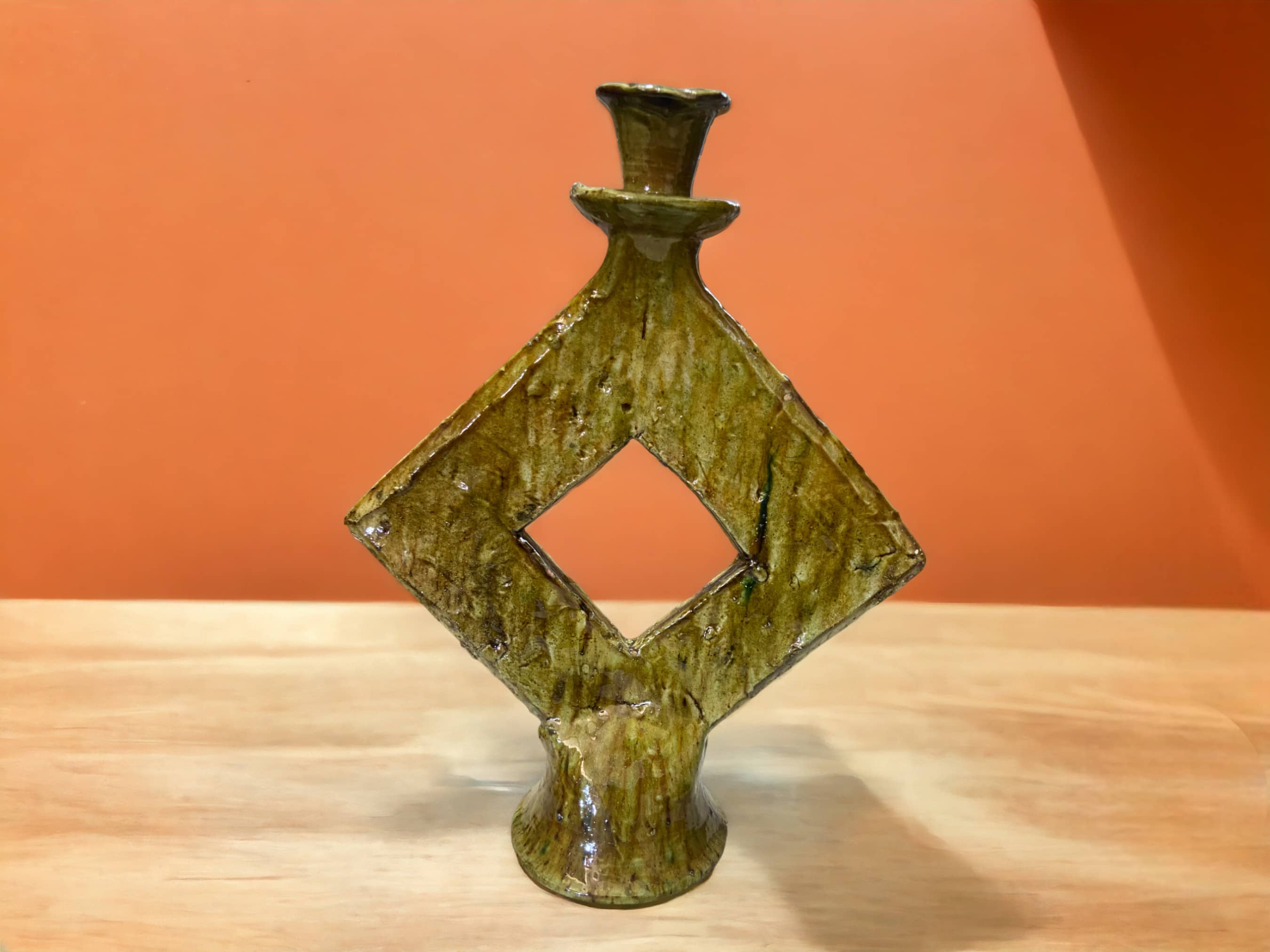 Handmade Tamegroute Ochre Ceramic Candle Holders - Square Design-1