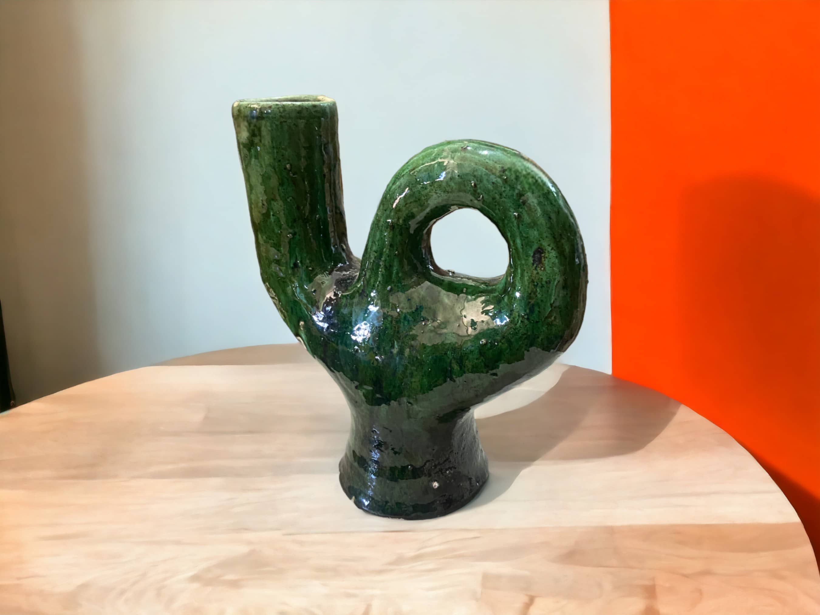 Artisan Handmade Moroccan Tamegroute  Green & Ochre Glazed Vase-3