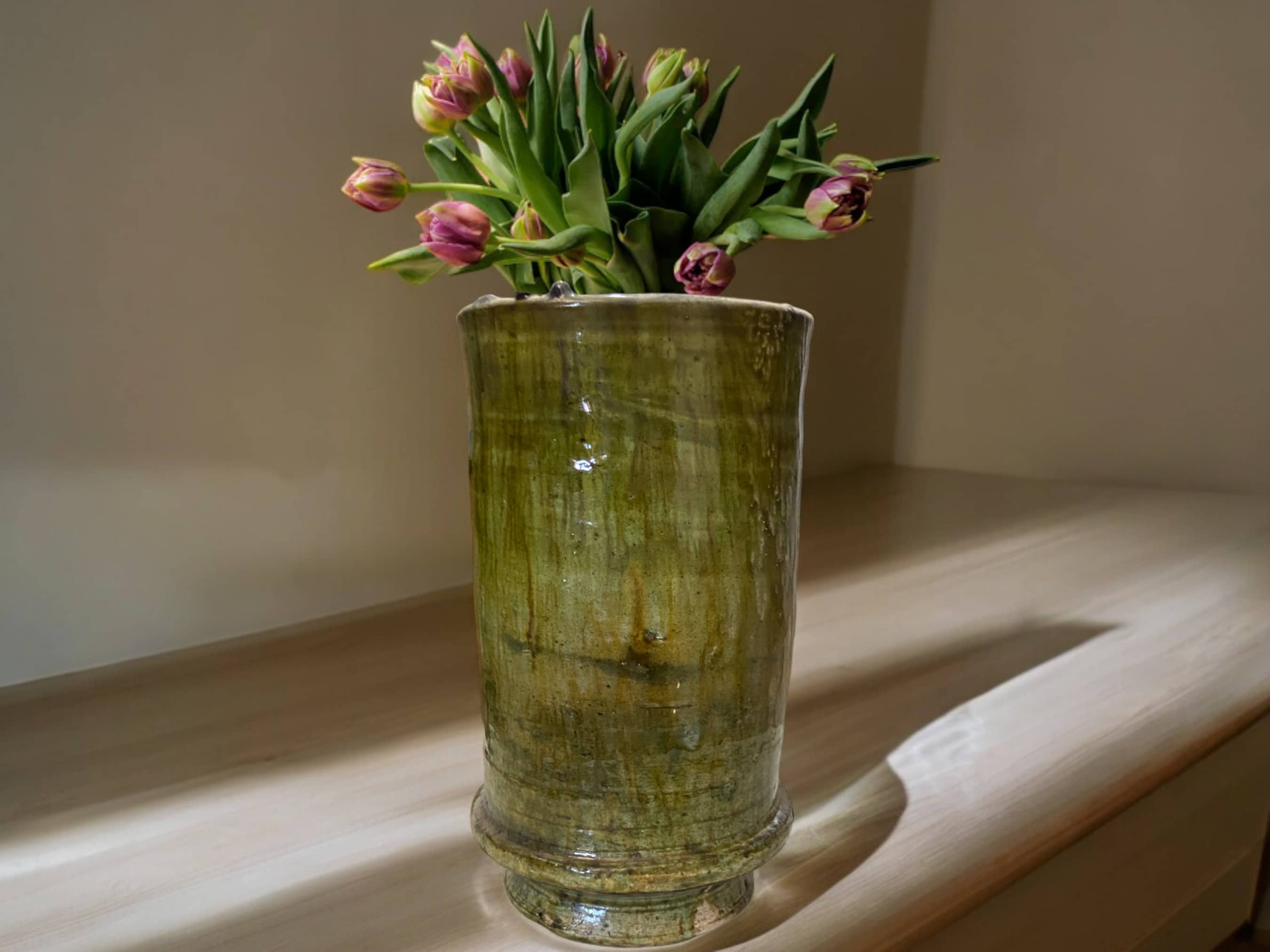 Artisan Handmade Moroccan Tamegroute  Green & Ochre Glazed Vase-2