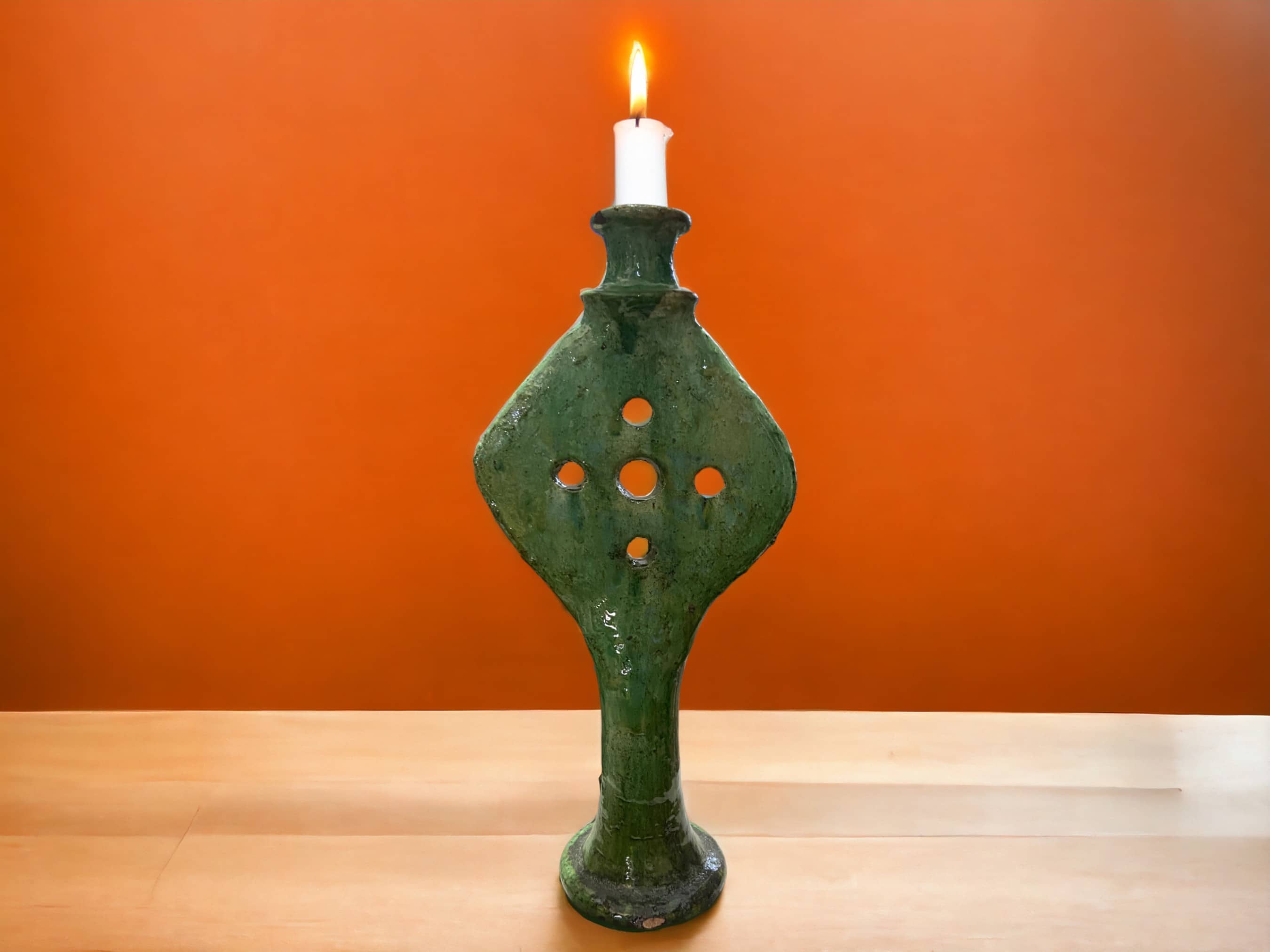 Handmade Tamegroute Green & Ochre Ceramic Candle Holders -Aloe Vera Shape-2