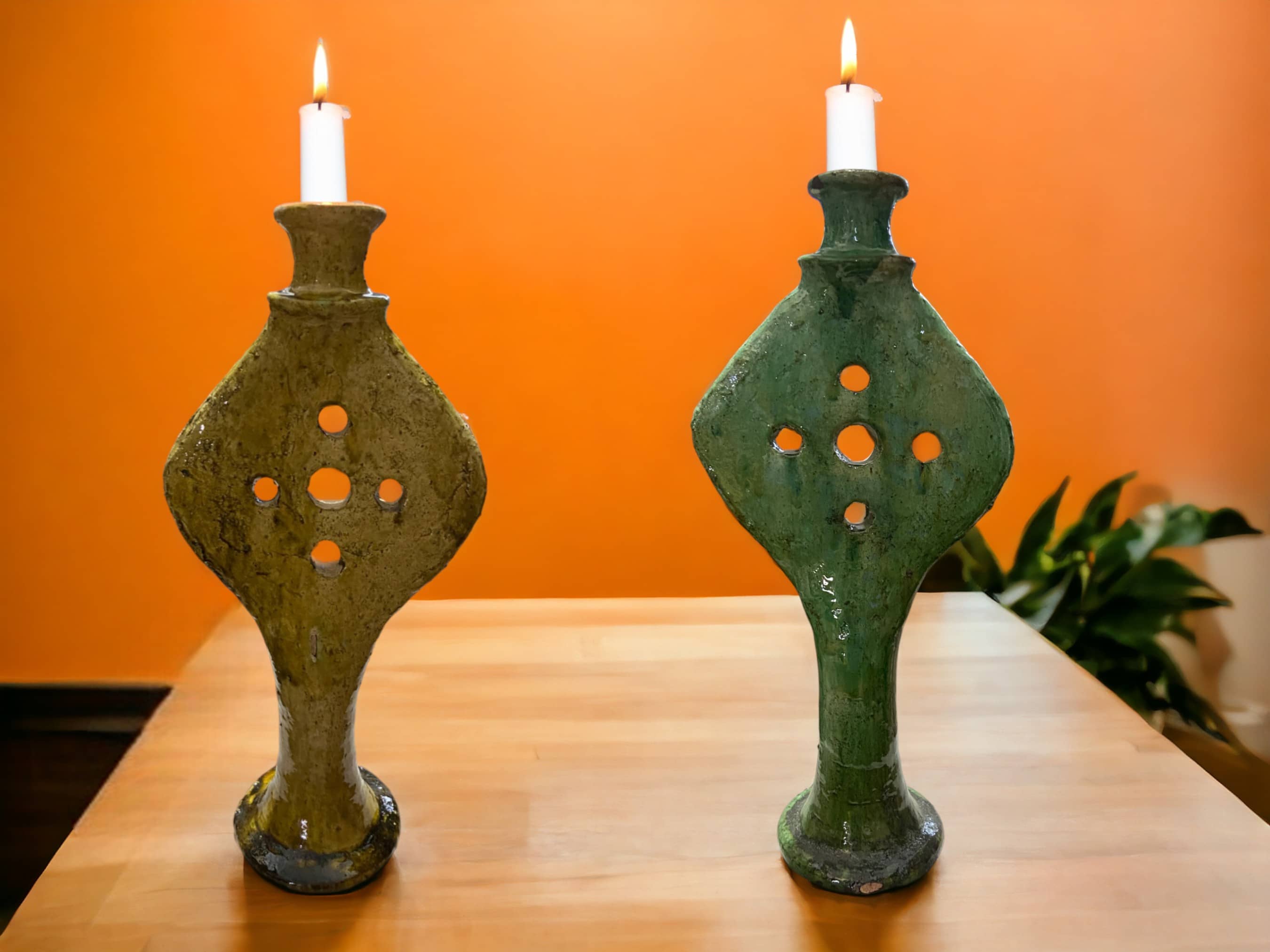 Handmade Tamegroute Green & Ochre Ceramic Candle Holders -Aloe Vera Shape-0