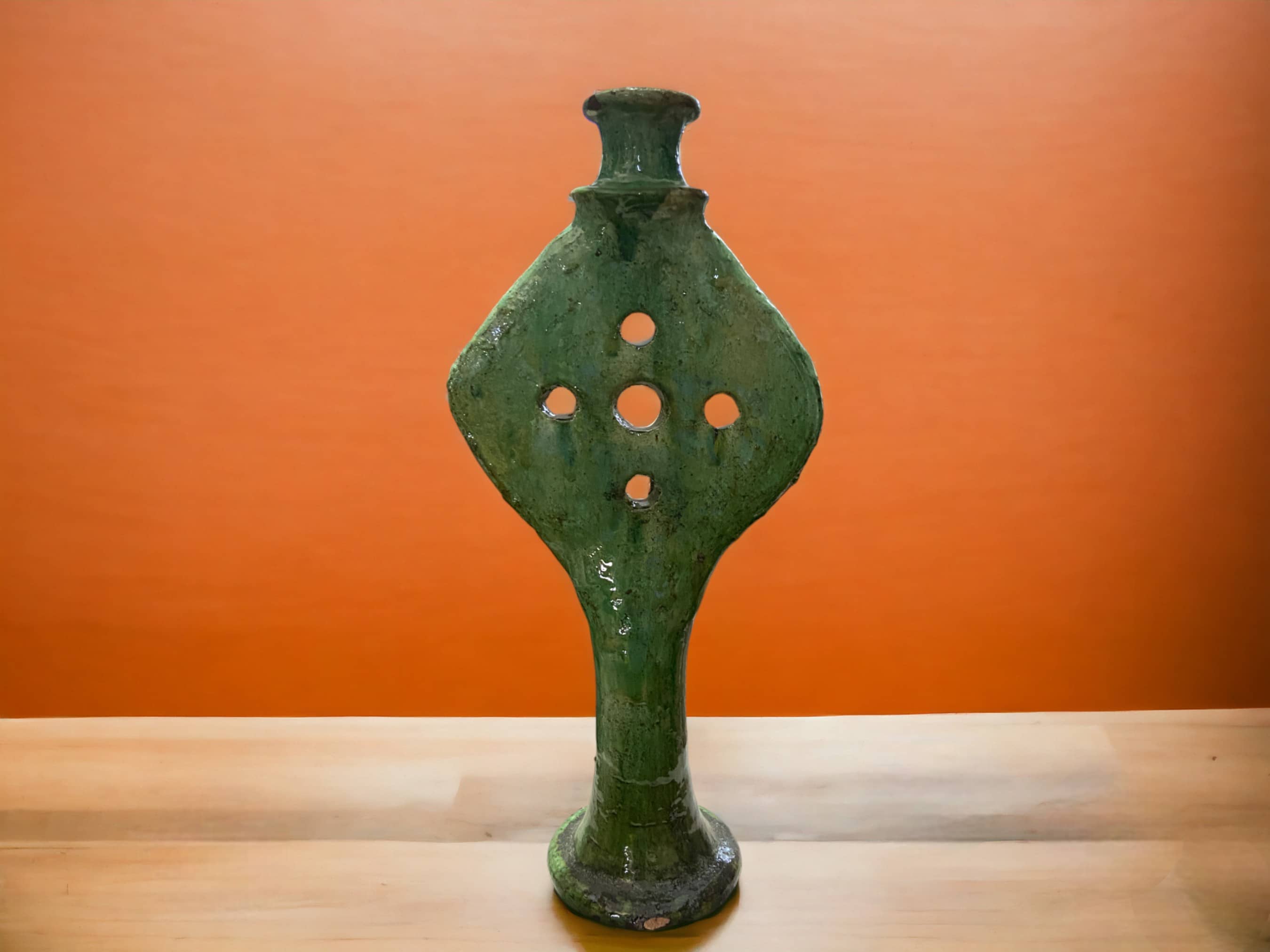 Handmade Tamegroute Green & Ochre Ceramic Candle Holders -Aloe Vera Shape-4