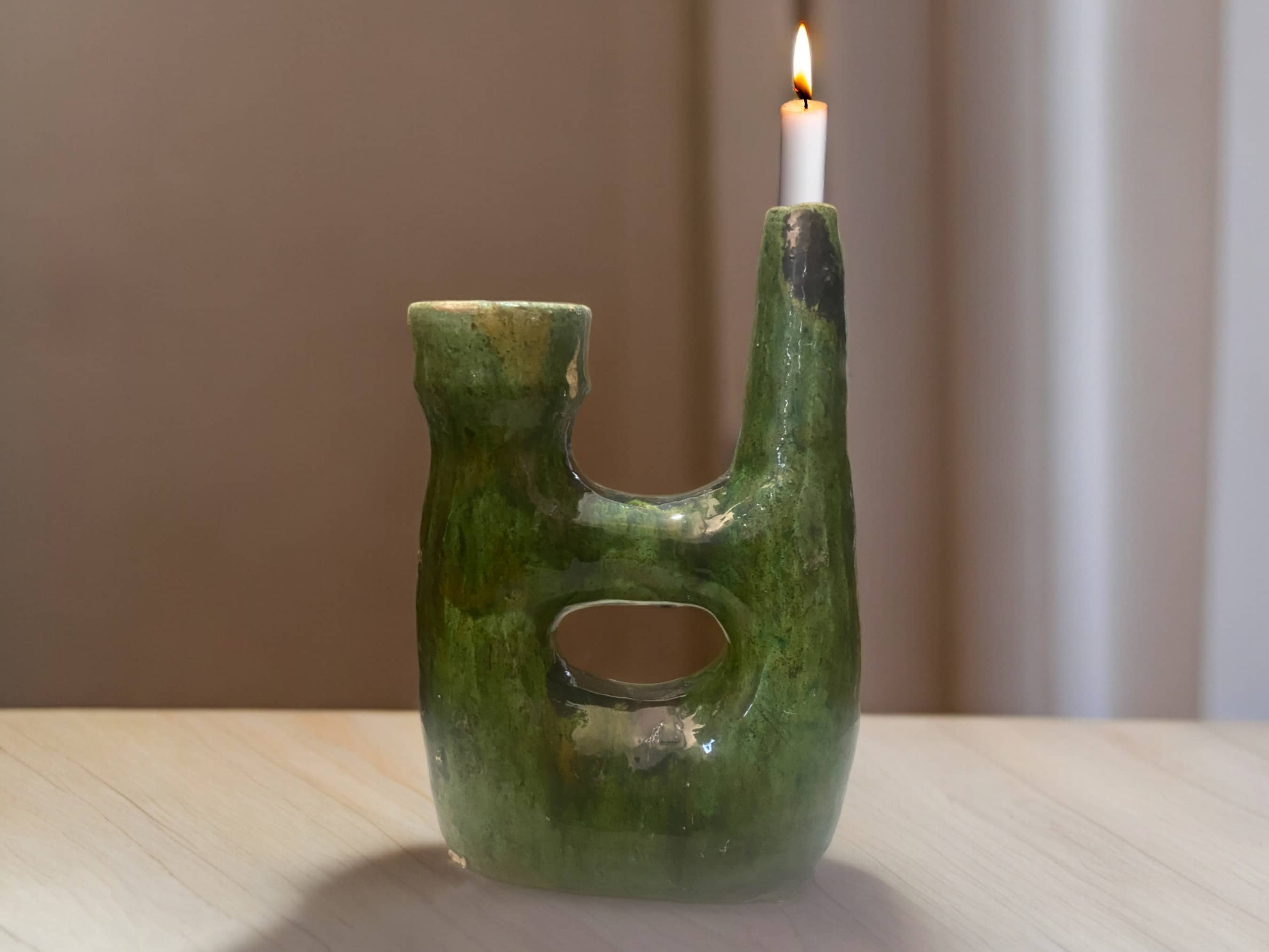 Handcrafted Moroccan Green Tamegroute Large  Pipe Sculpture- Candlestick Holder / Vase-0