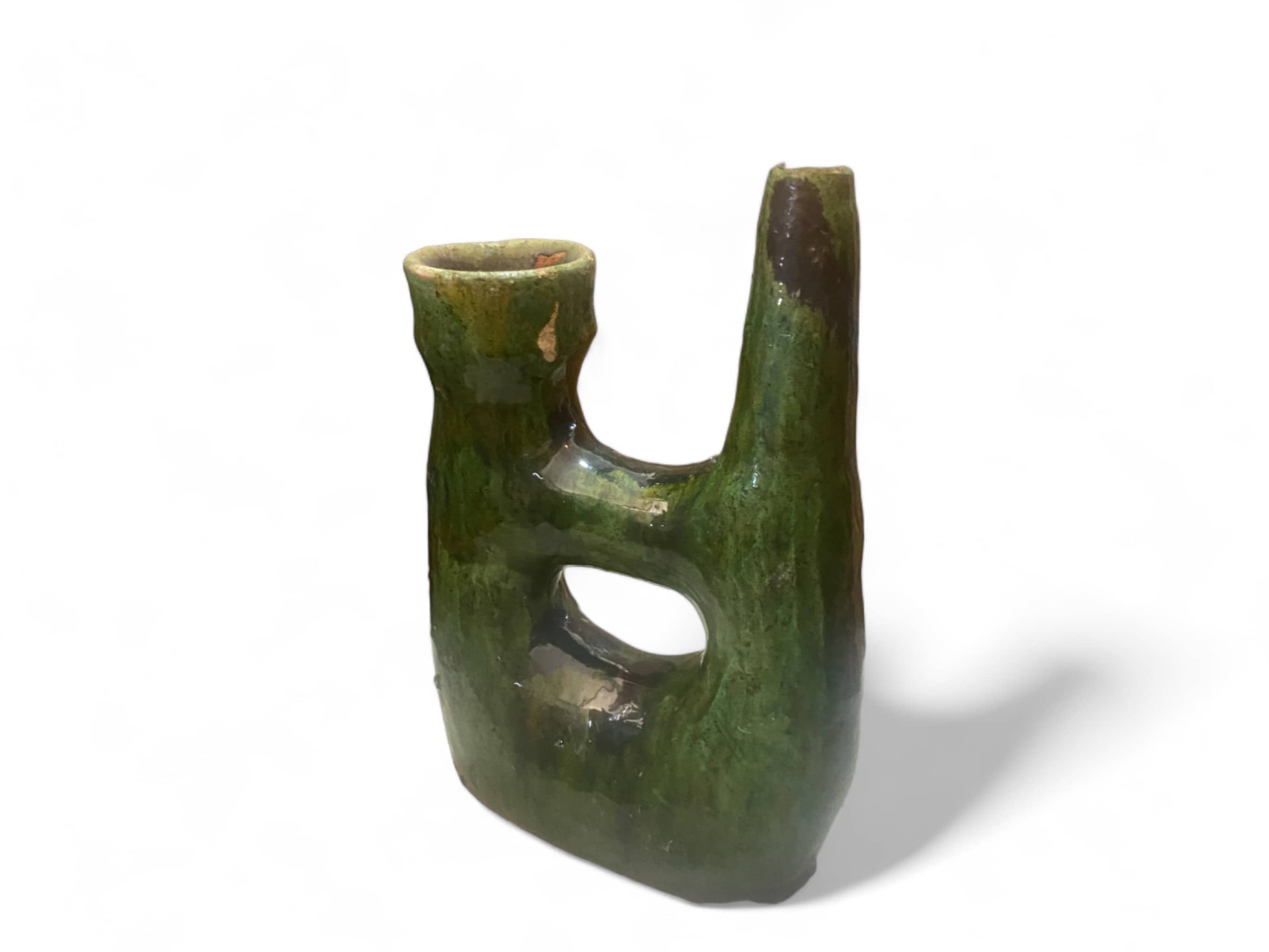 Handcrafted Moroccan Green Tamegroute Large  Pipe Sculpture- Candlestick Holder / Vase-3