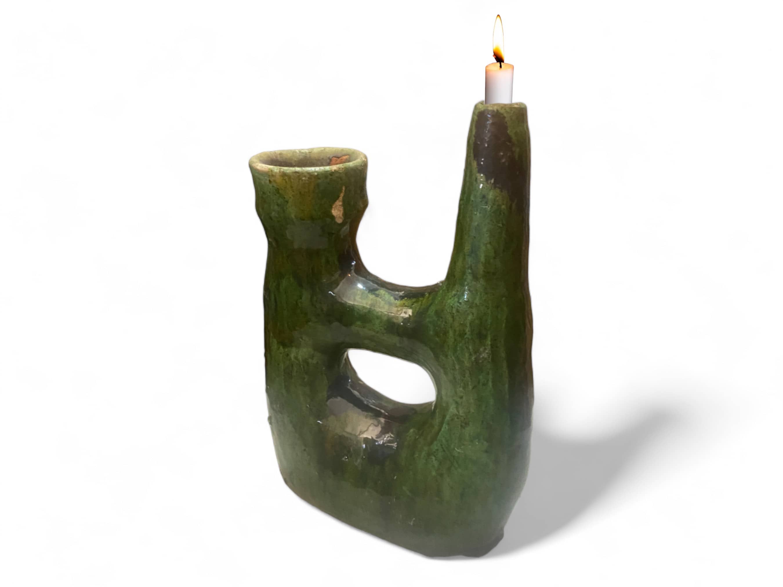 Handcrafted Moroccan Green Tamegroute Large  Pipe Sculpture- Candlestick Holder / Vase-4