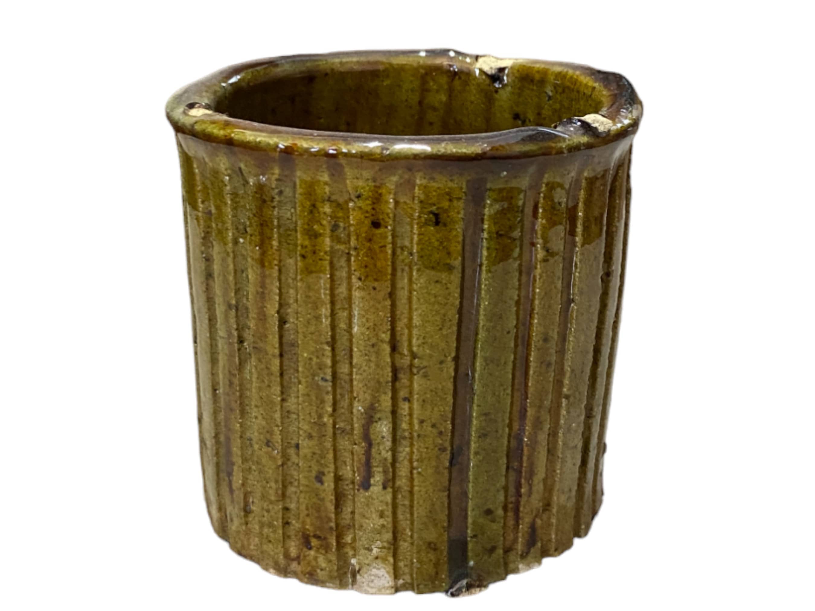 Handmade Moroccan Vintage Shaded Ochre Glaze Tamegroute Ribbed Planter/Pot: Unique Ceramic Pottery for Plants-4