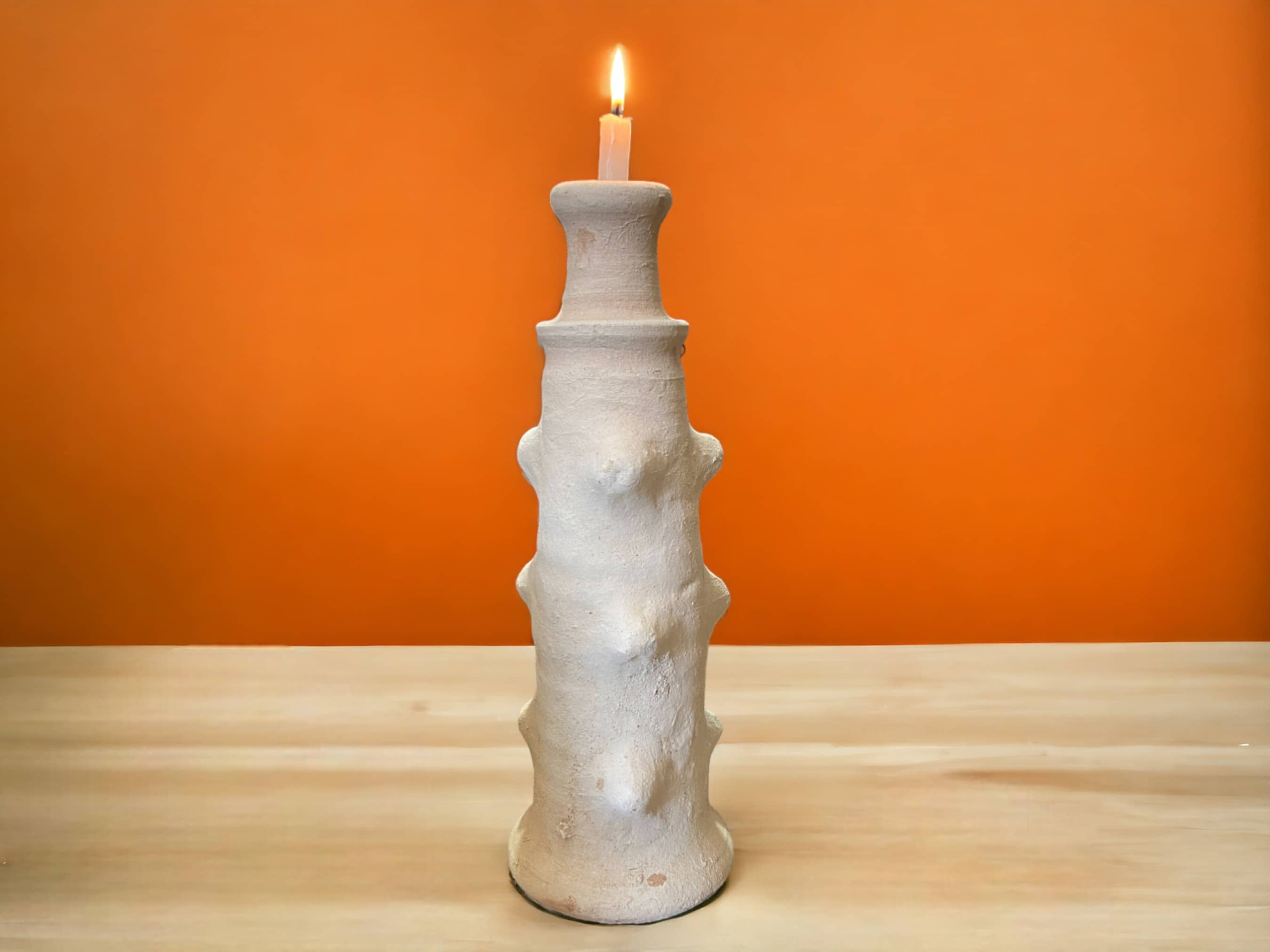 Artisanal Moroccan Unglazed Tamegroute White Ecru Abstract  Candlestick Holder-0