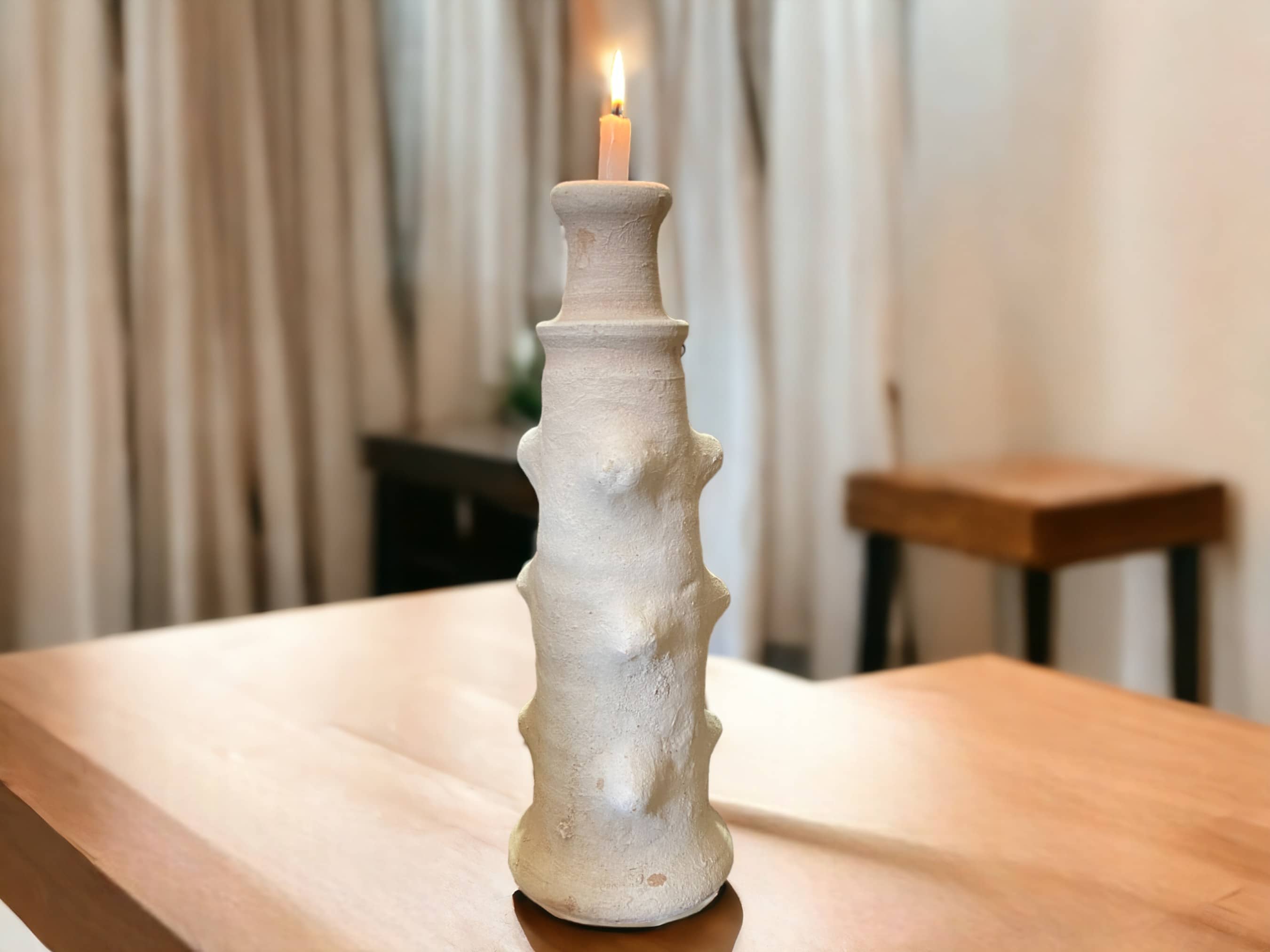 Artisanal Moroccan Unglazed Tamegroute White Ecru Abstract  Candlestick Holder-1