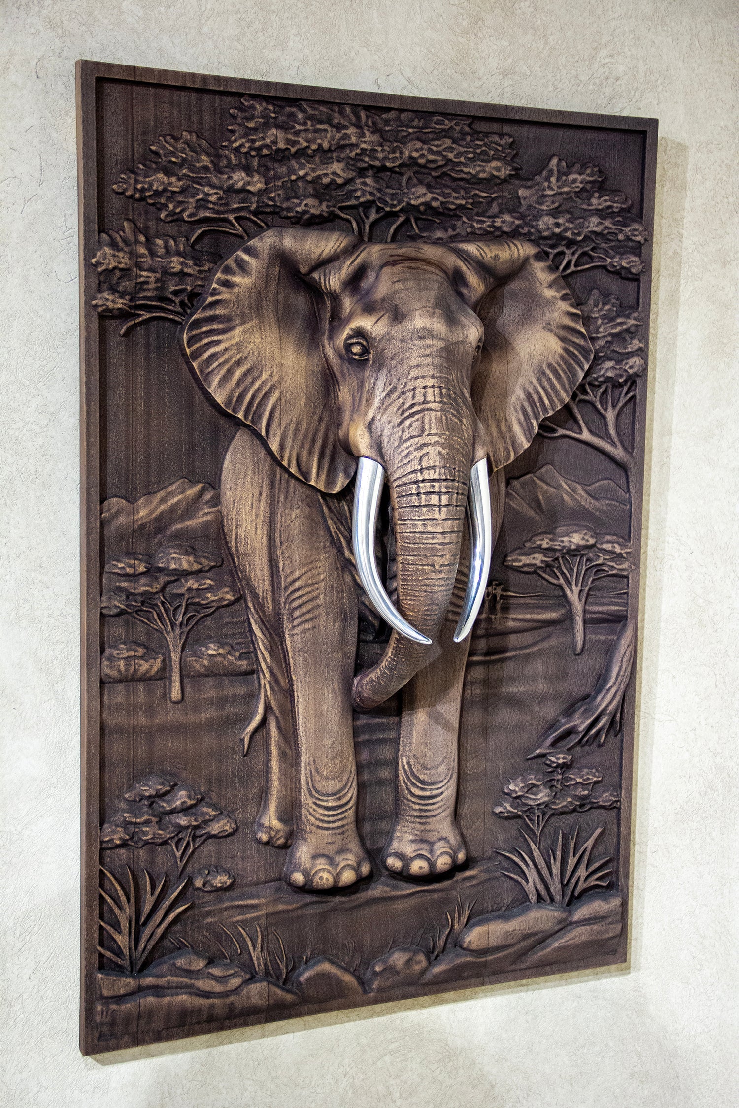Majestic African Elephant 3D Relief Wood Wall Art