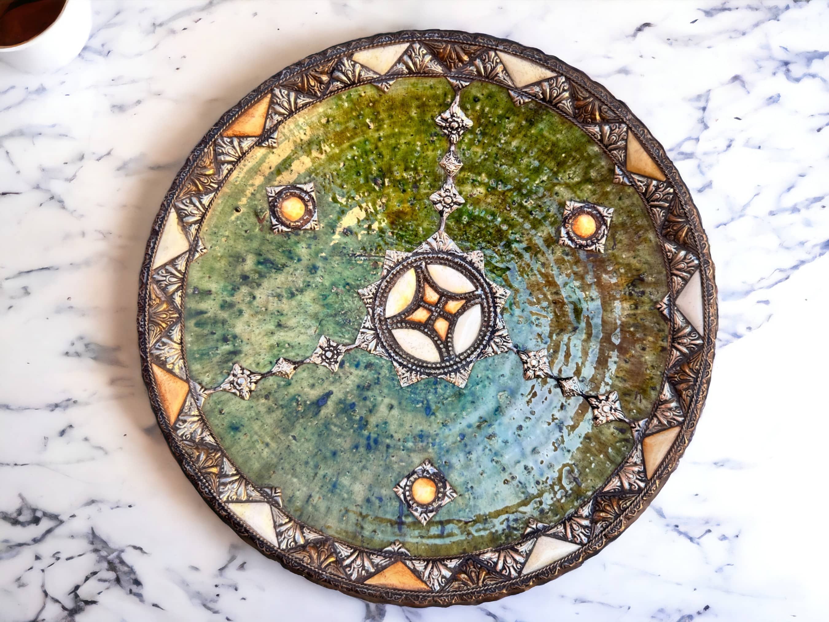 Handmade Antique Decorative Plate, Plate Green Glazed Pottery, Decorated with carved silver-plated copper and camel bones, Moroccan pottery-0