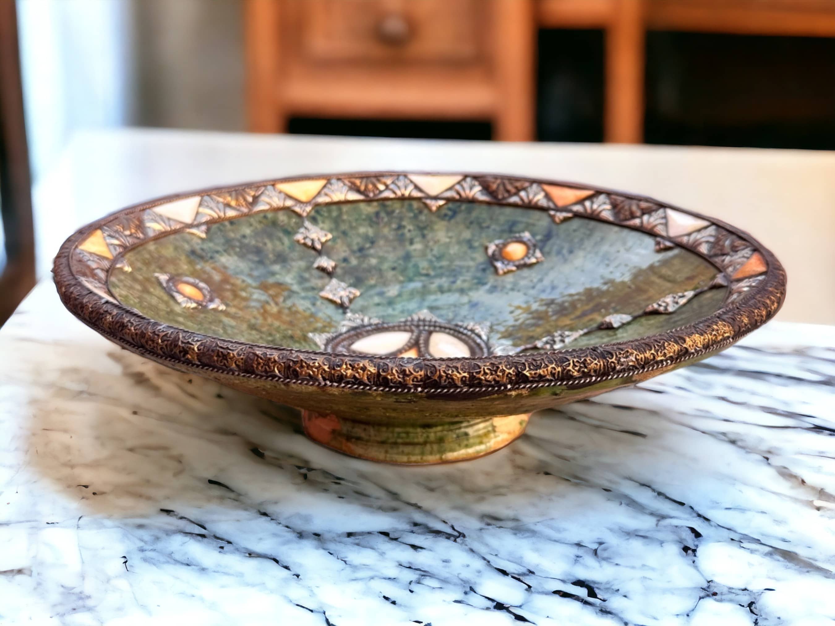 Handmade Antique Decorative Plate, Plate Green Glazed Pottery, Decorated with carved silver-plated copper and camel bones, Moroccan pottery-2