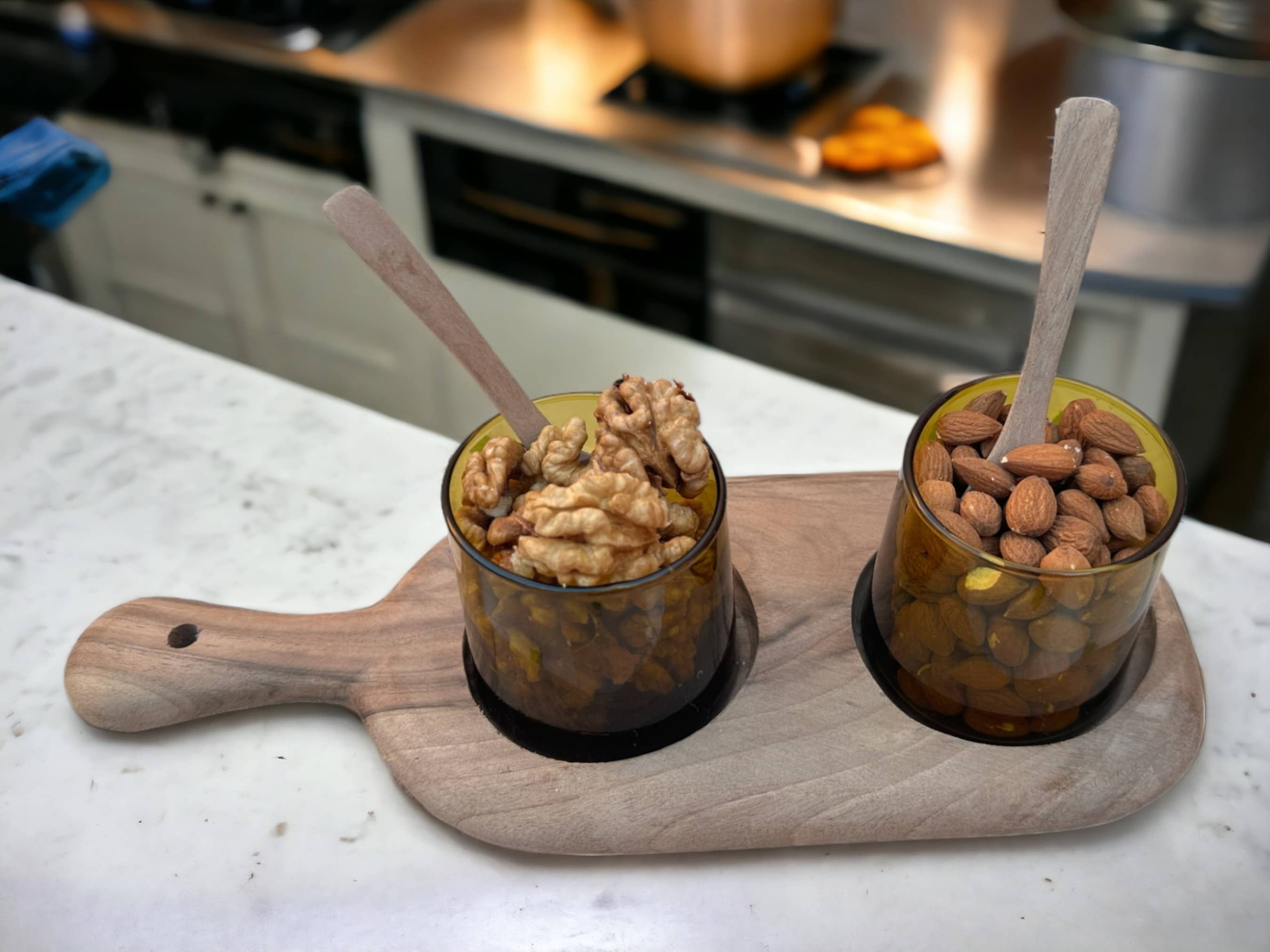 Walnut Wood Serving Set with Handcrafted Recycled Glassware and Walnut Bowl-2