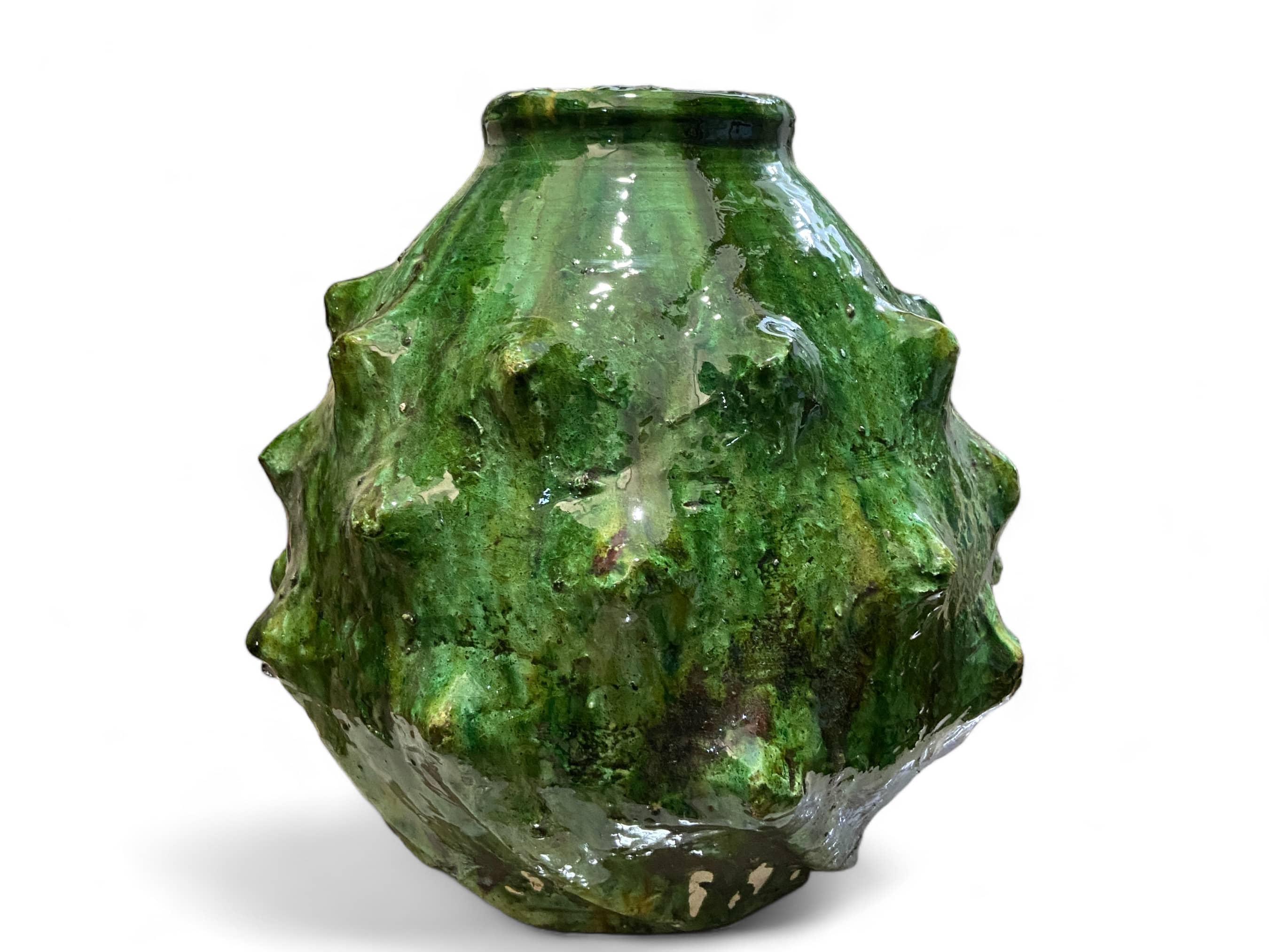 Artisan Handmade Moroccan Tamegroute  Green & Ochre Glazed Vase-4