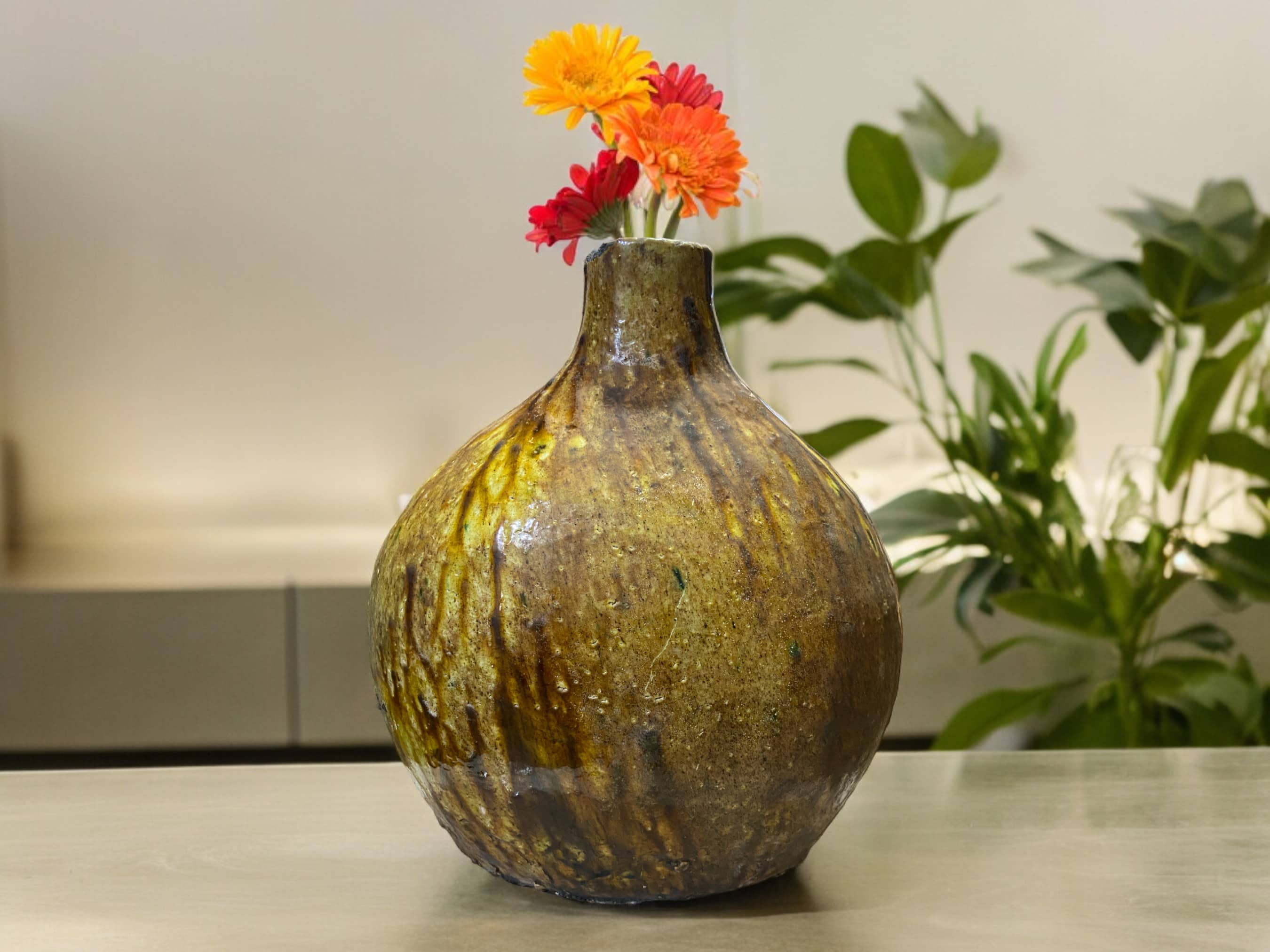 Artisan Handmade Moroccan Tamegroute  Ochre Glazed Round Vase-0