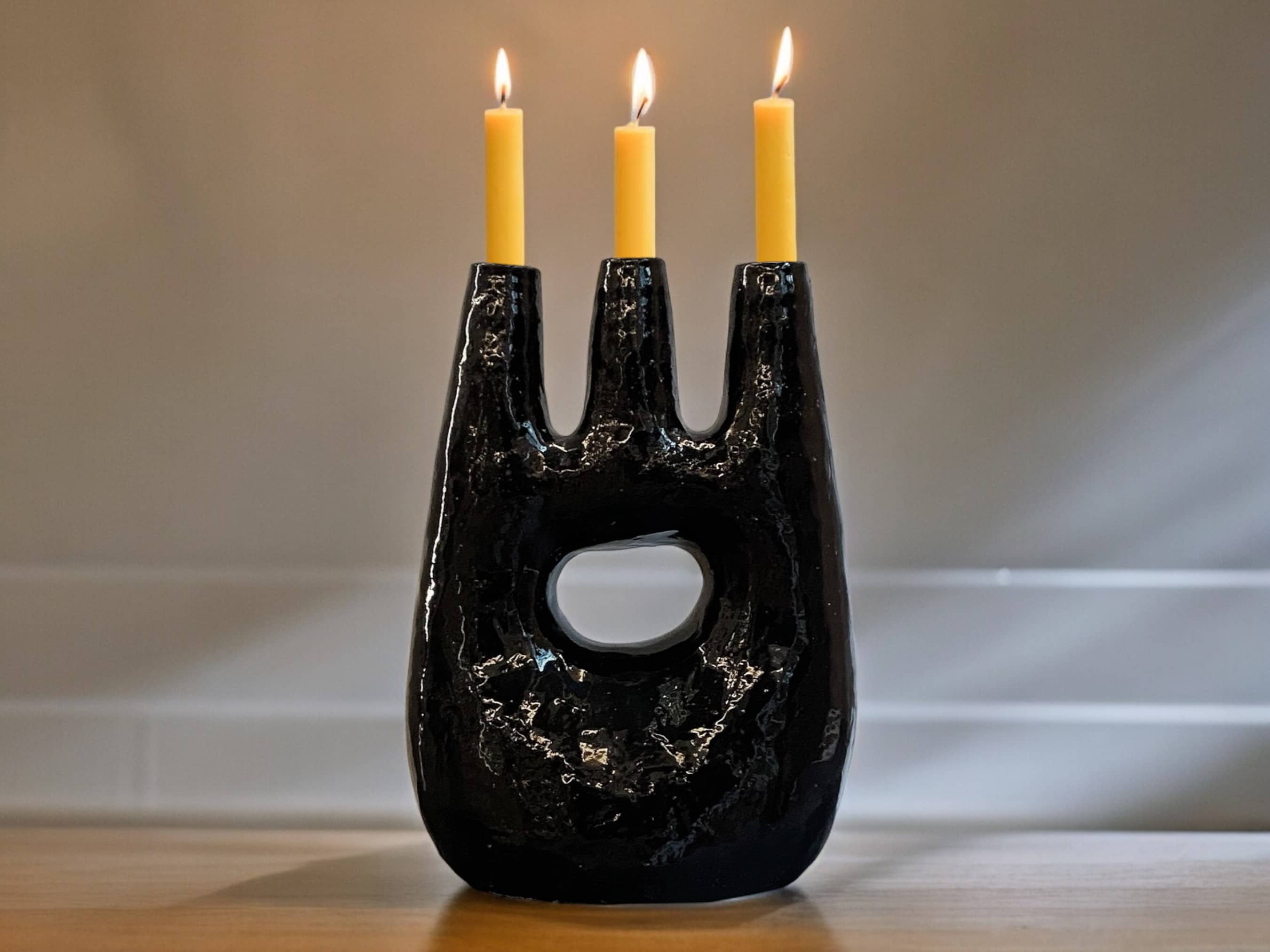 Handcrafted Moroccan Tamegroute Abstract Black Picasso Sculpture Triple Candlestick Holder-1