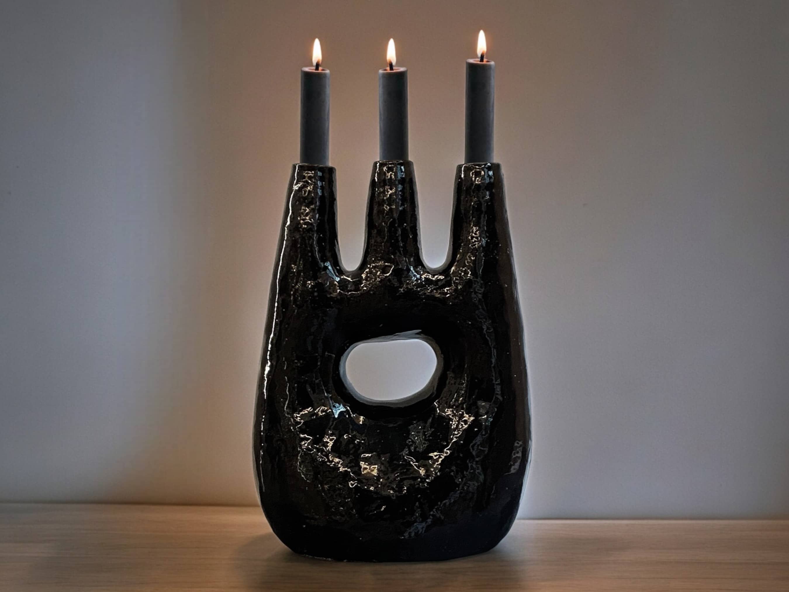 Handcrafted Moroccan Tamegroute Abstract Black Picasso Sculpture Triple Candlestick Holder-2