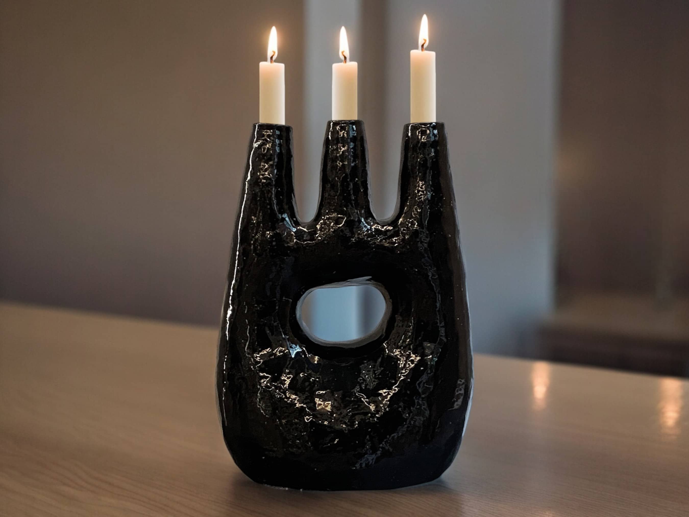 Handcrafted Moroccan Tamegroute Abstract Black Picasso Sculpture Triple Candlestick Holder-3