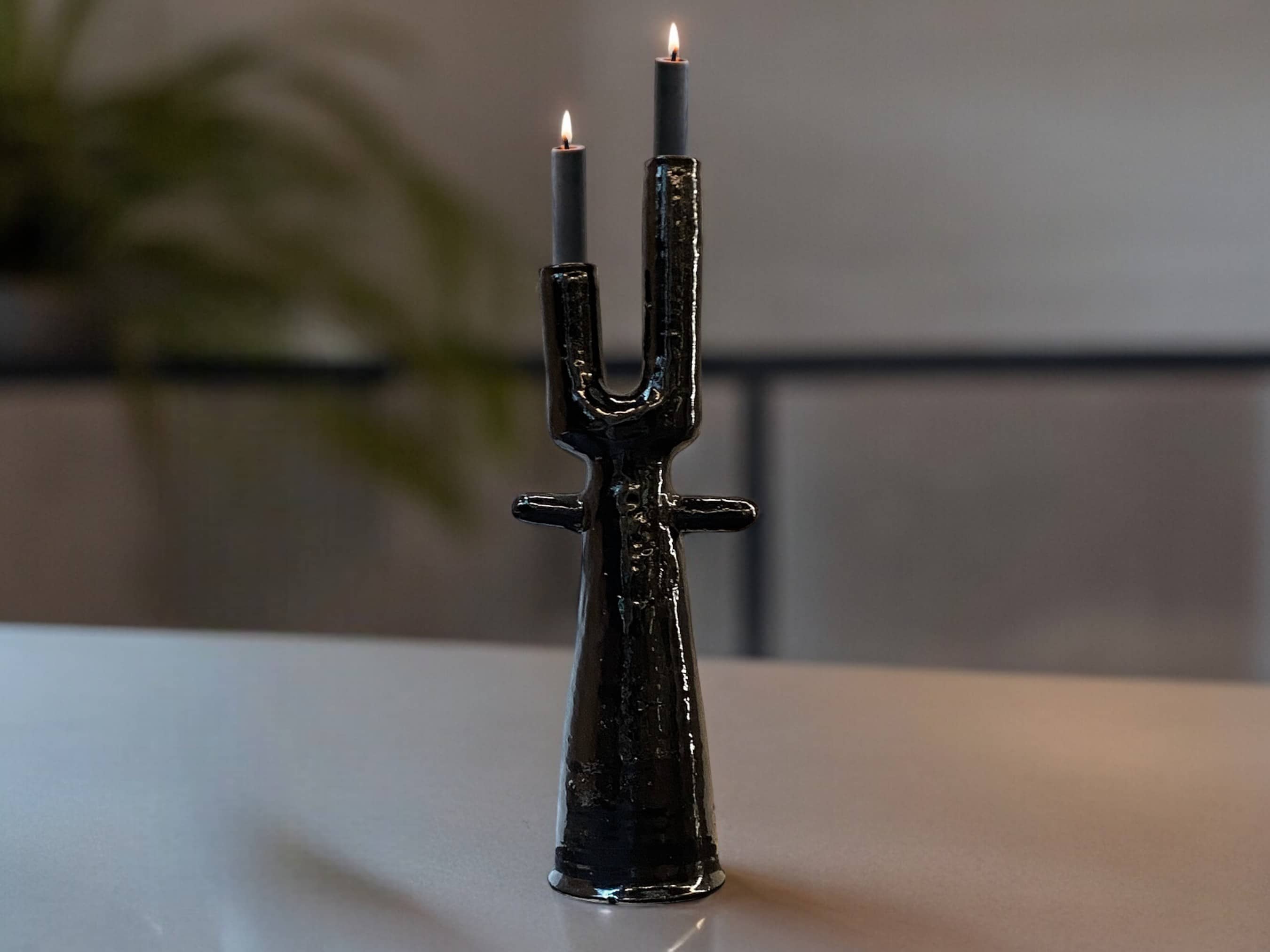 Handmade Moroccan Tamegroute  Cactus Twin Candlestick Holder - Vintage Black Glaze-1