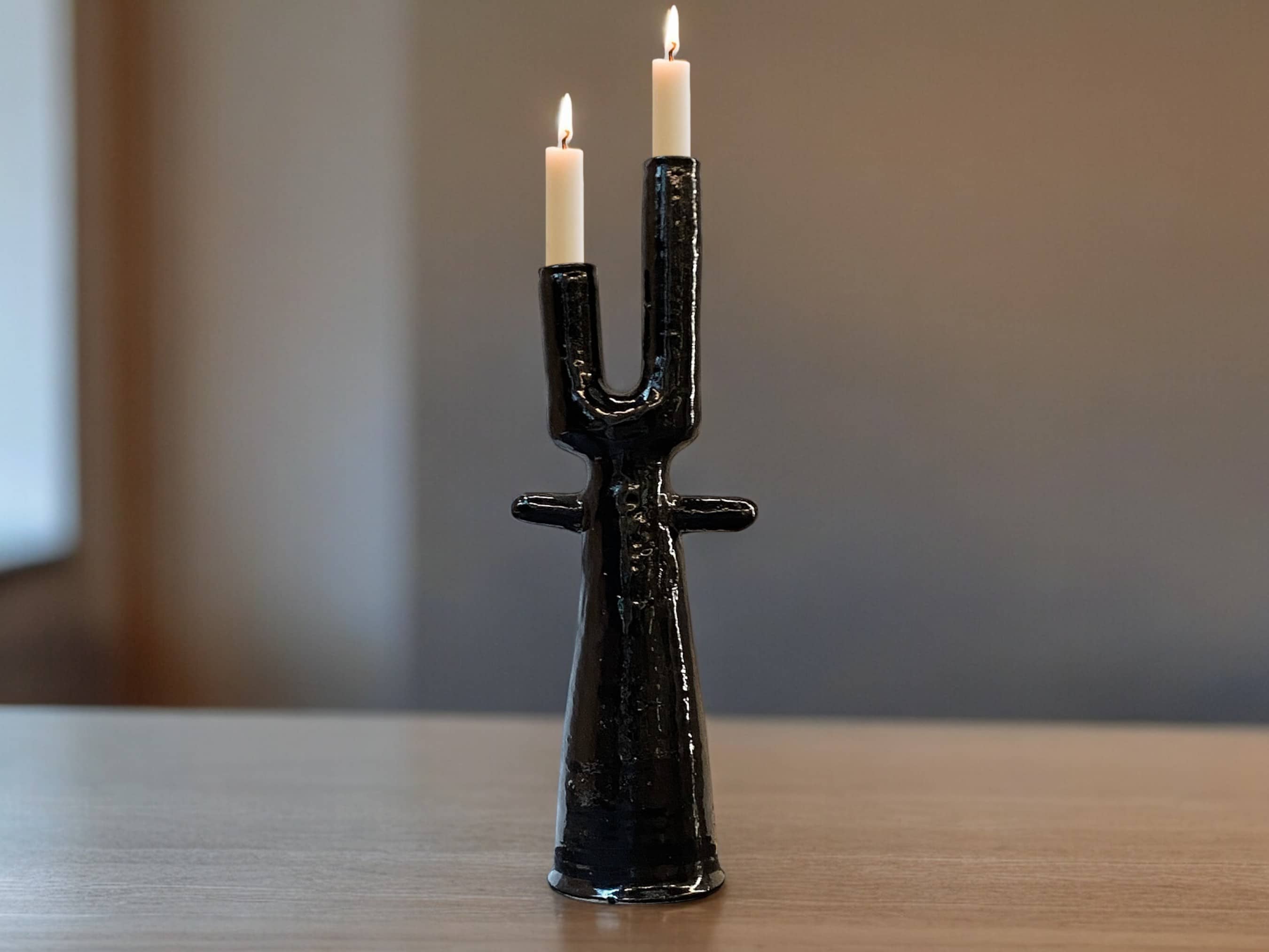 Handmade Moroccan Tamegroute  Cactus Twin Candlestick Holder - Vintage Black Glaze-3